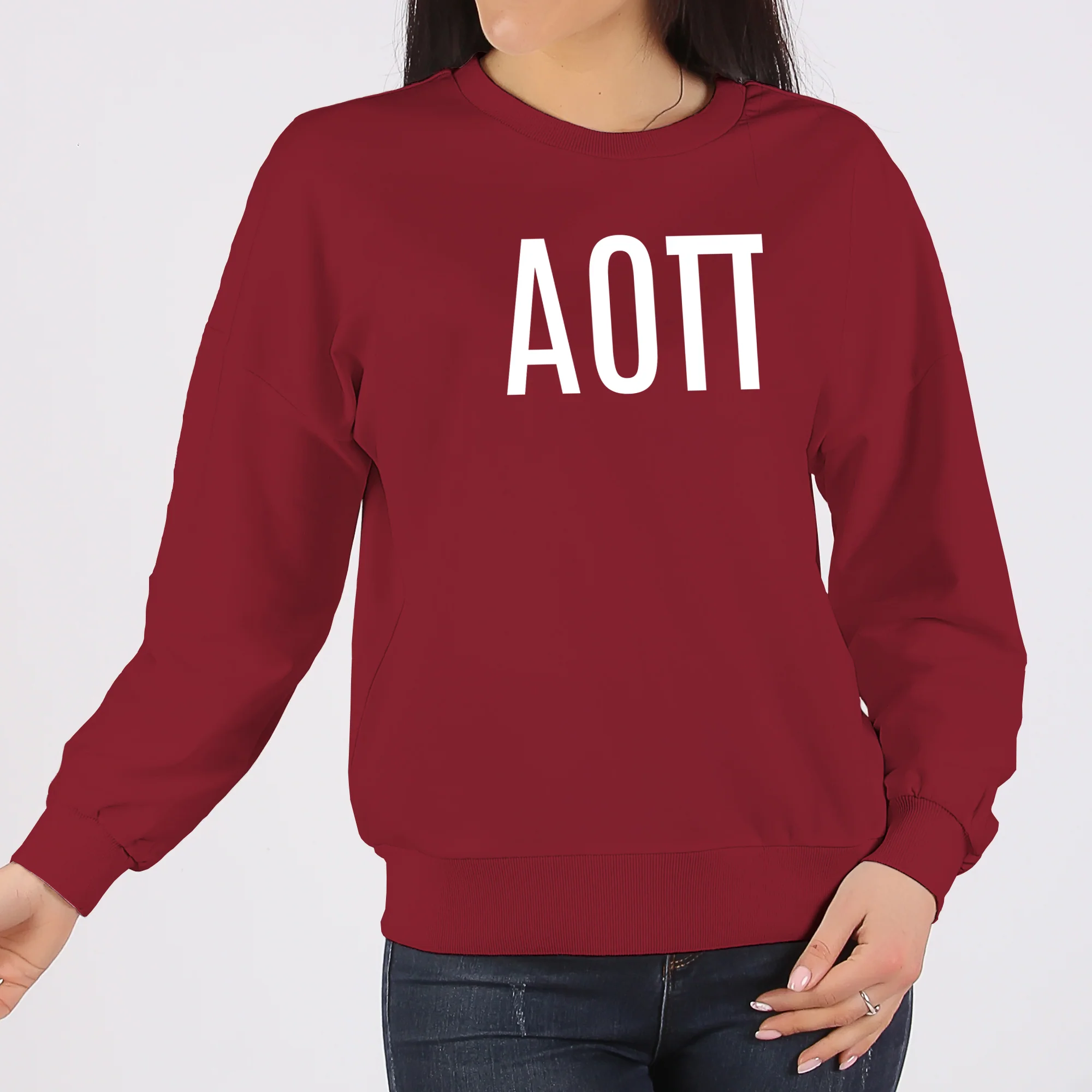 Alpha Omicron Pi Greek Letter Block Crewneck Sweatshirt - Cardinal - Image 3