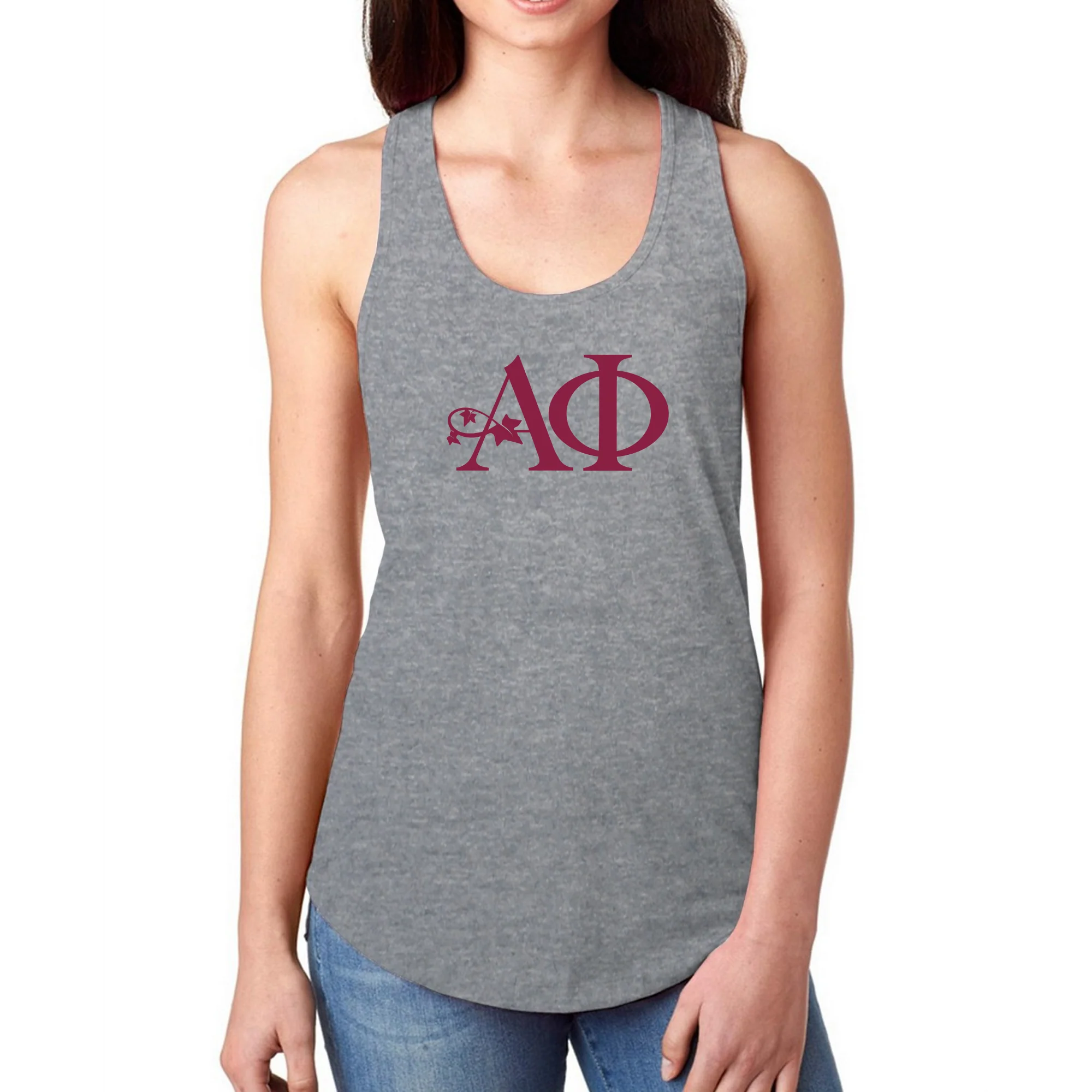 Alpha Phi Greek Letter Block Racerback Tank - Heather Grey - Image 3