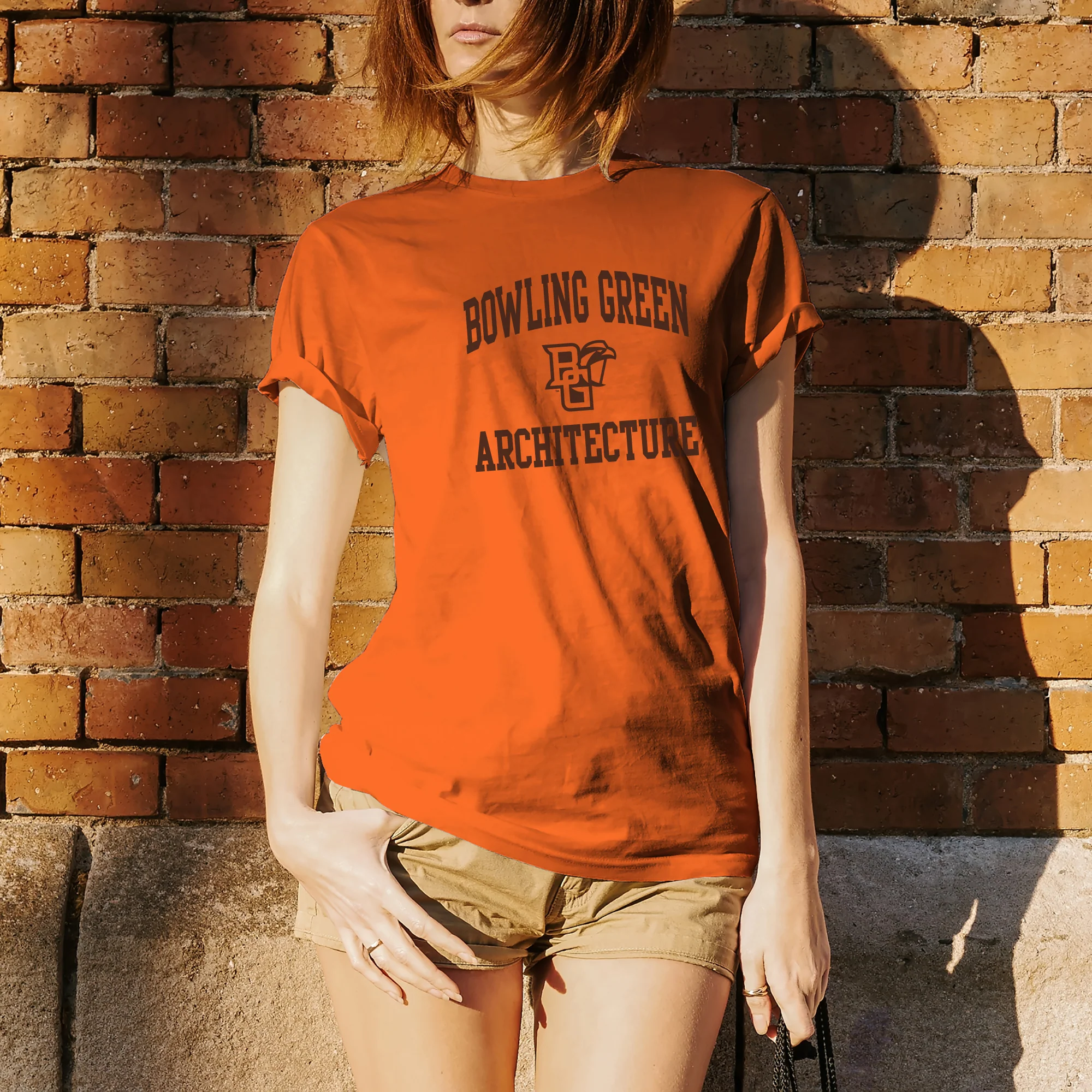 Bowling Green State University Falcons Arch Logo Architecture Basic Cotton Short Sleeve T Shirt - Orange - Image 5