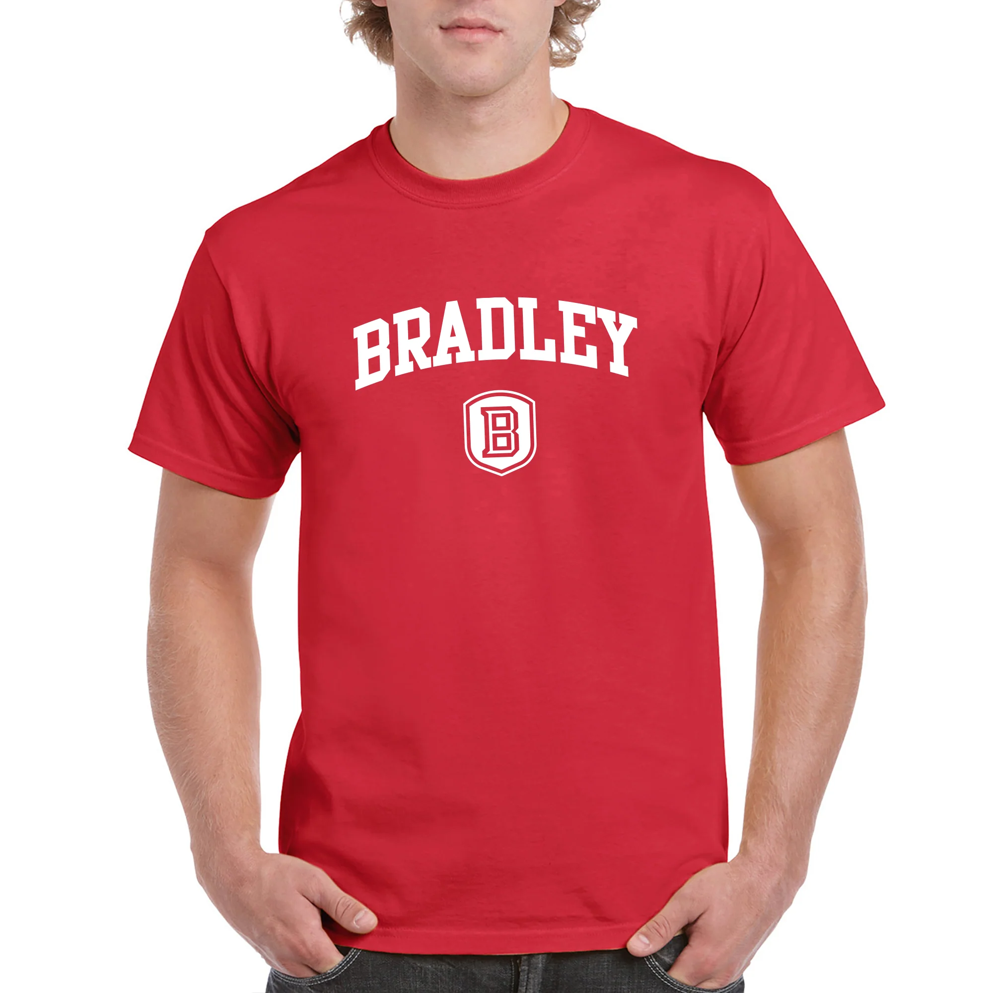 Bradley University Braves Arch Logo Basic Cotton Short Sleeve T Shirt - Red - Image 3
