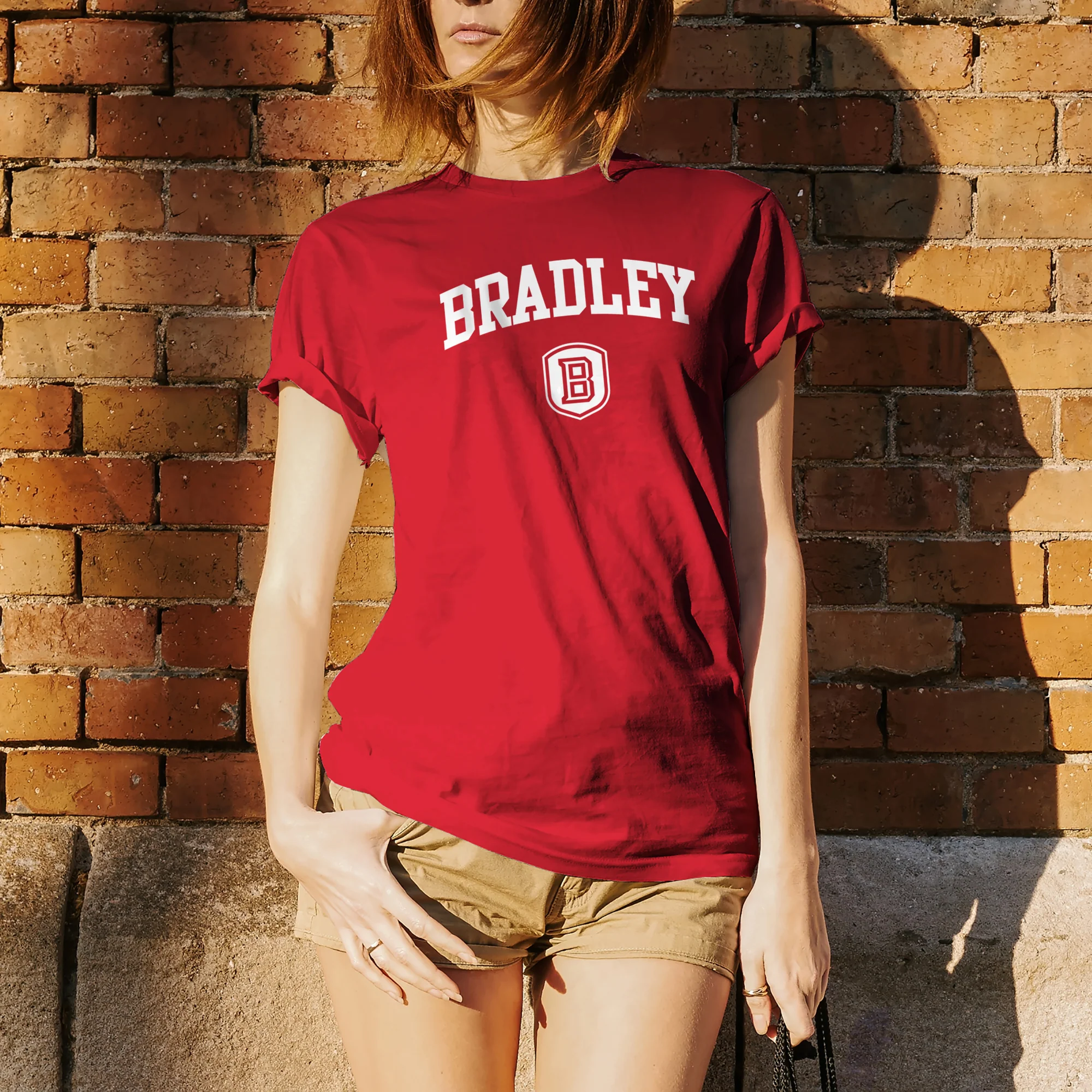Bradley University Braves Arch Logo Basic Cotton Short Sleeve T Shirt - Red - Image 4