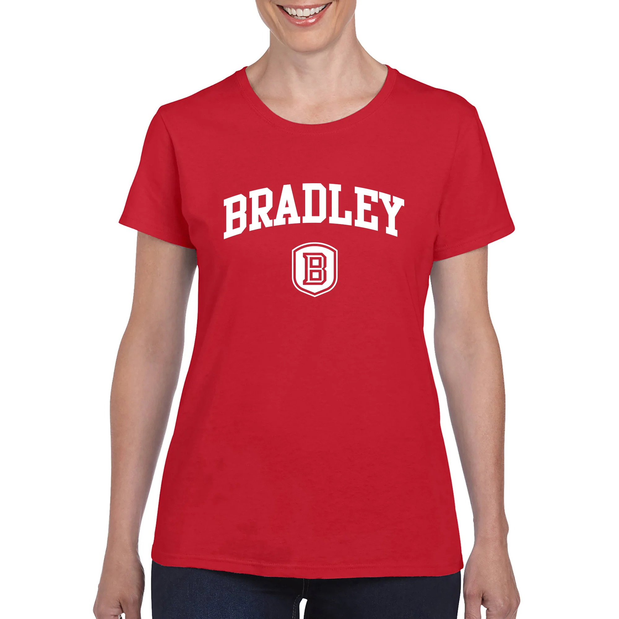 Bradley University Braves Arch Logo Basic Cotton Short Sleeve Women's T Shirt - Red - Image 3
