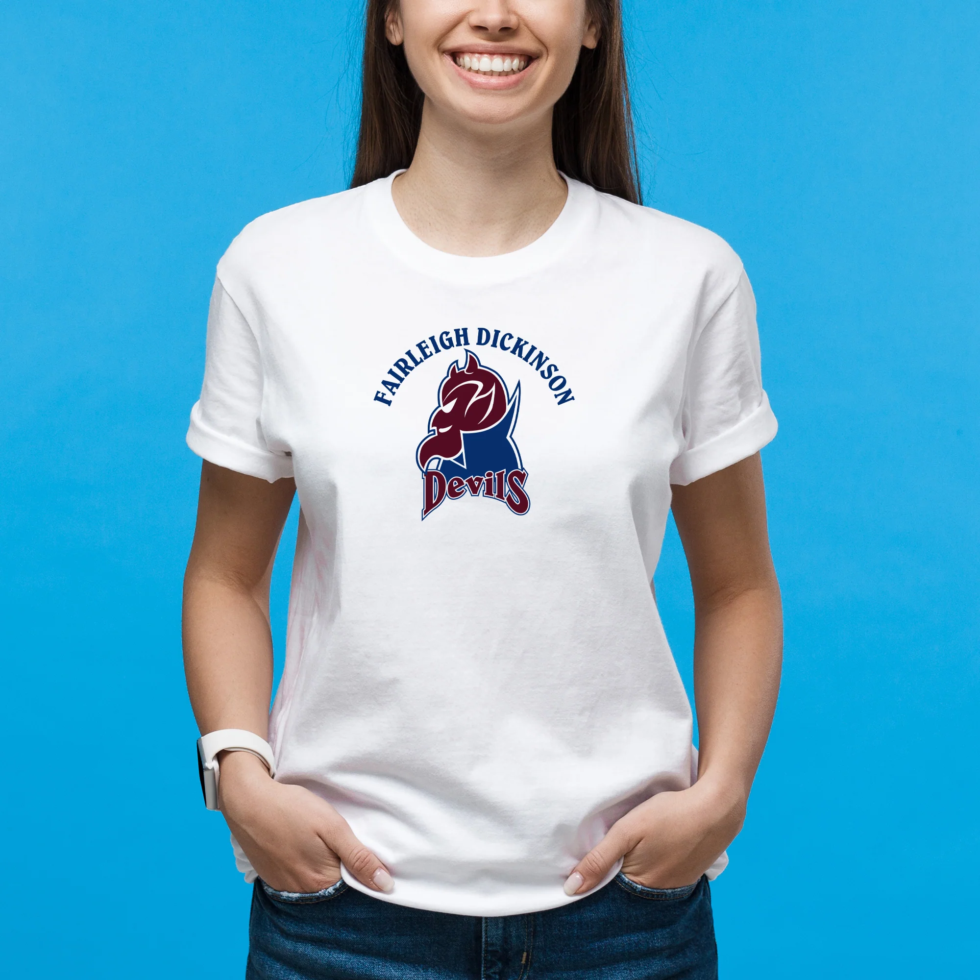 Fairleigh Dickinson University Devils Arch Logo Basic Cotton Short Sleeve T Shirt - White - Image 4
