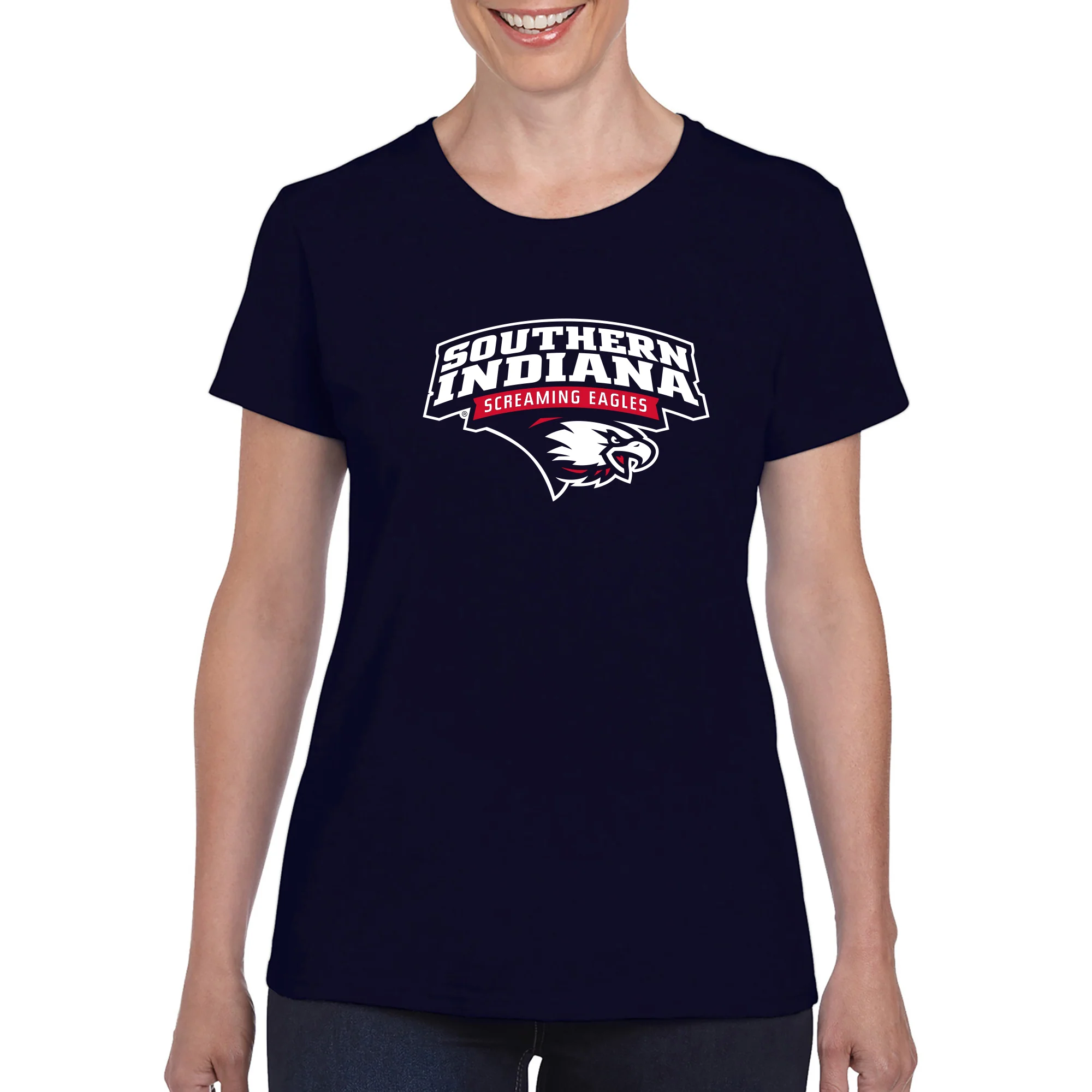 University of Southern Indiana Screaming Eagles Arch Logo Basic Cotton Short Sleeve Womens T Shirt - Navy - Image 3