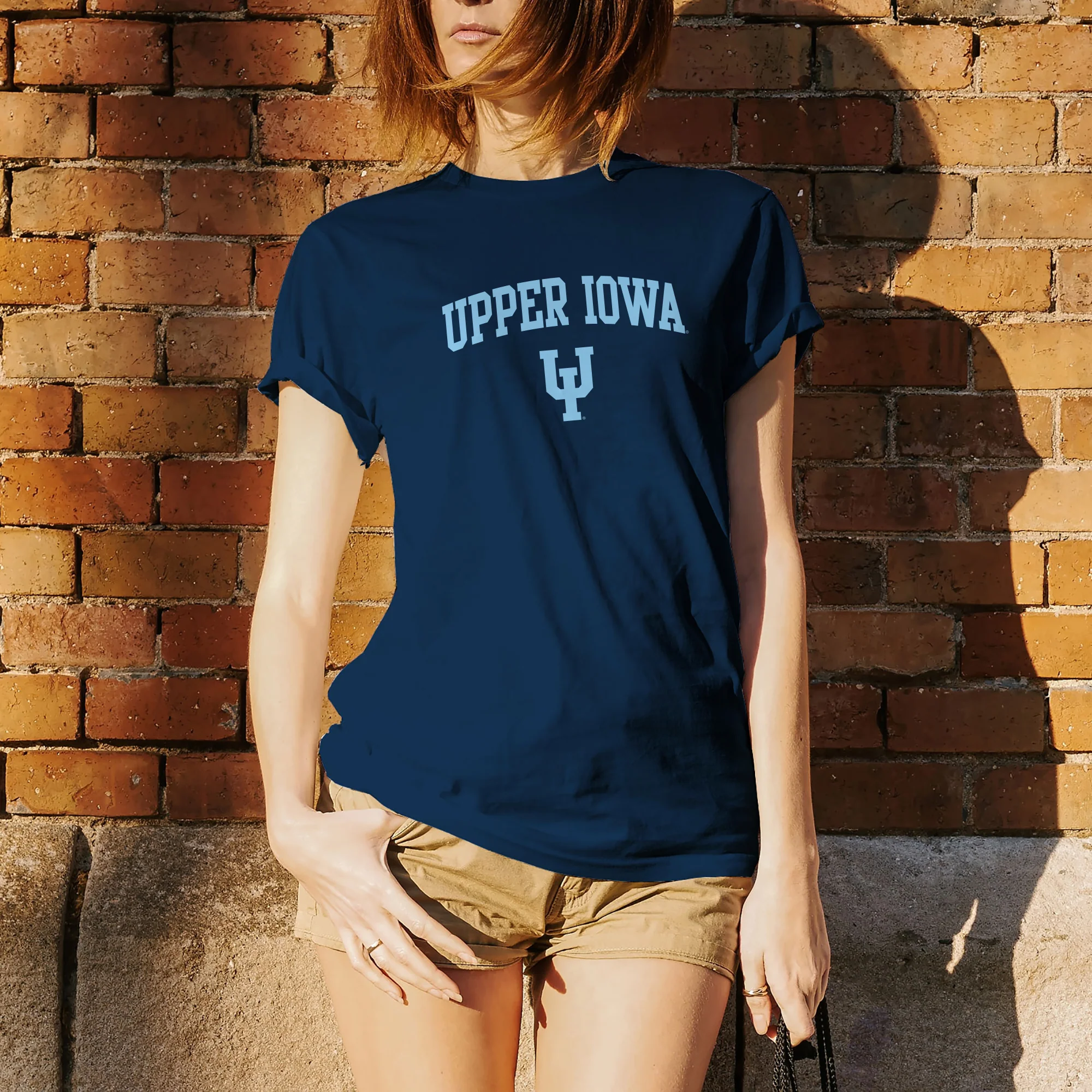 Upper Iowa University Peacocks Arch Logo Basic Cotton Short Sleeve T Shirt - Navy - Image 4
