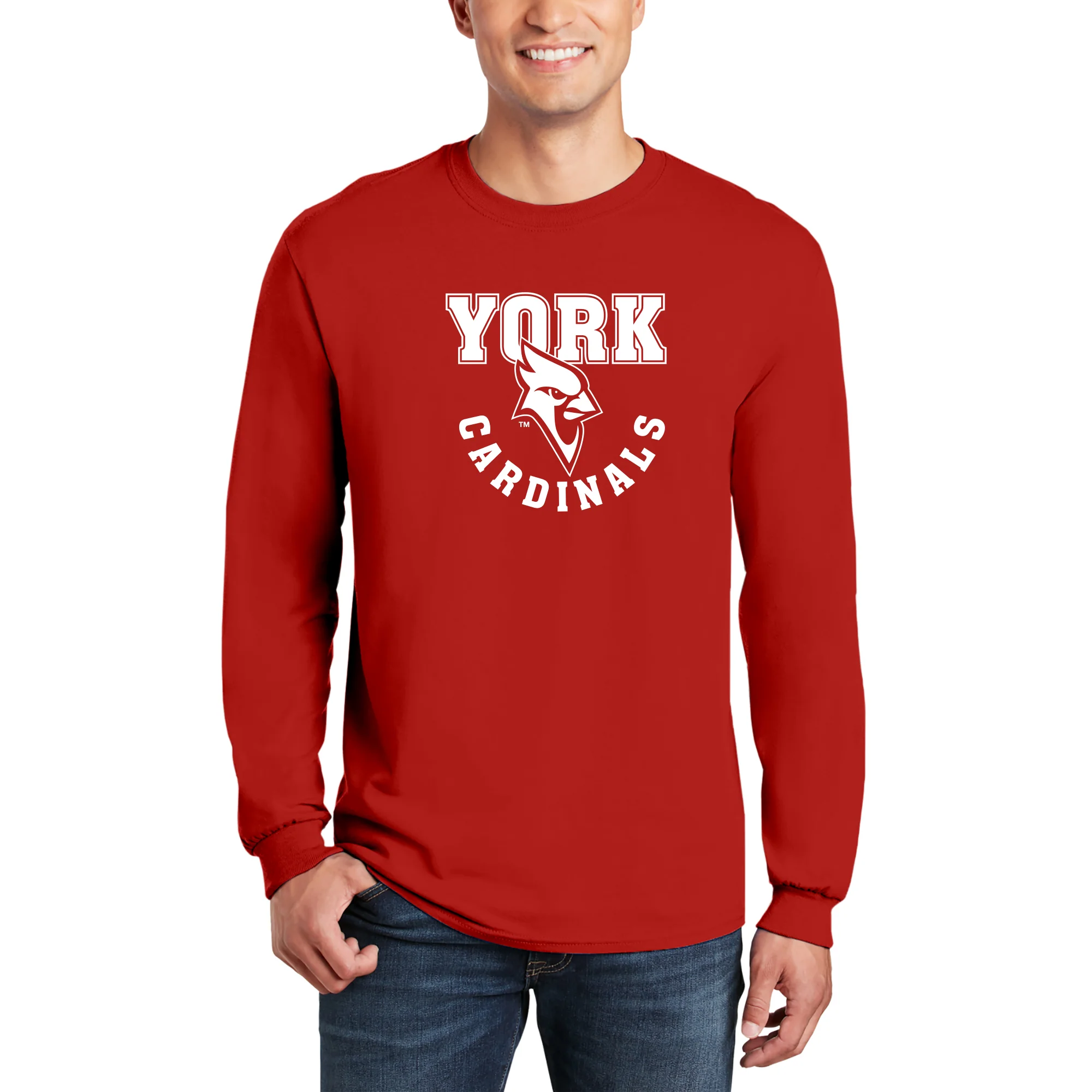 York College Cardinals Arch Logo Basic Cotton Long Sleeve T Shirt - Red - Image 3