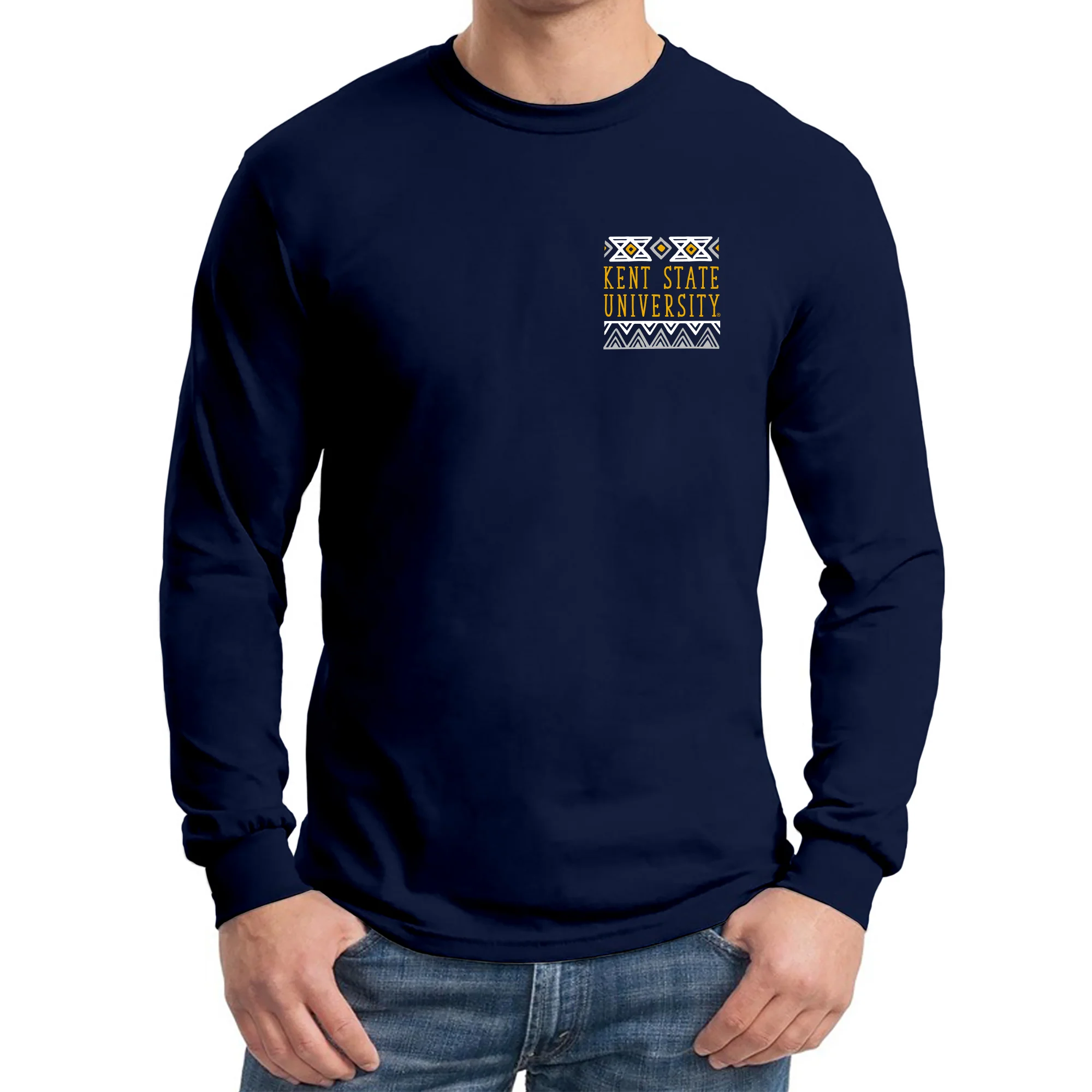 Kent State University Golden Flashes Aztec Pattern Heavy Cotton Long Sleeve T Shirt - Navy - Image 3