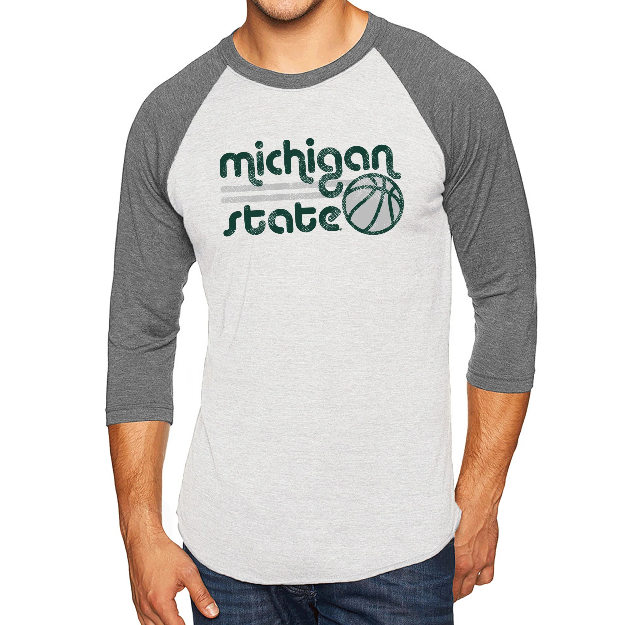 Michigan State University Spartans Basketball Bubble Raglan T Shirt - Heather White/Premium Heather - Image 3