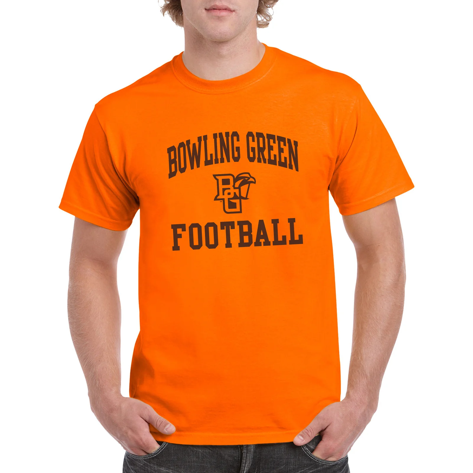 Bowling Green State University Falcons Arch Logo Football Basic Cotton Short Sleeve T Shirt - Orange - Image 3