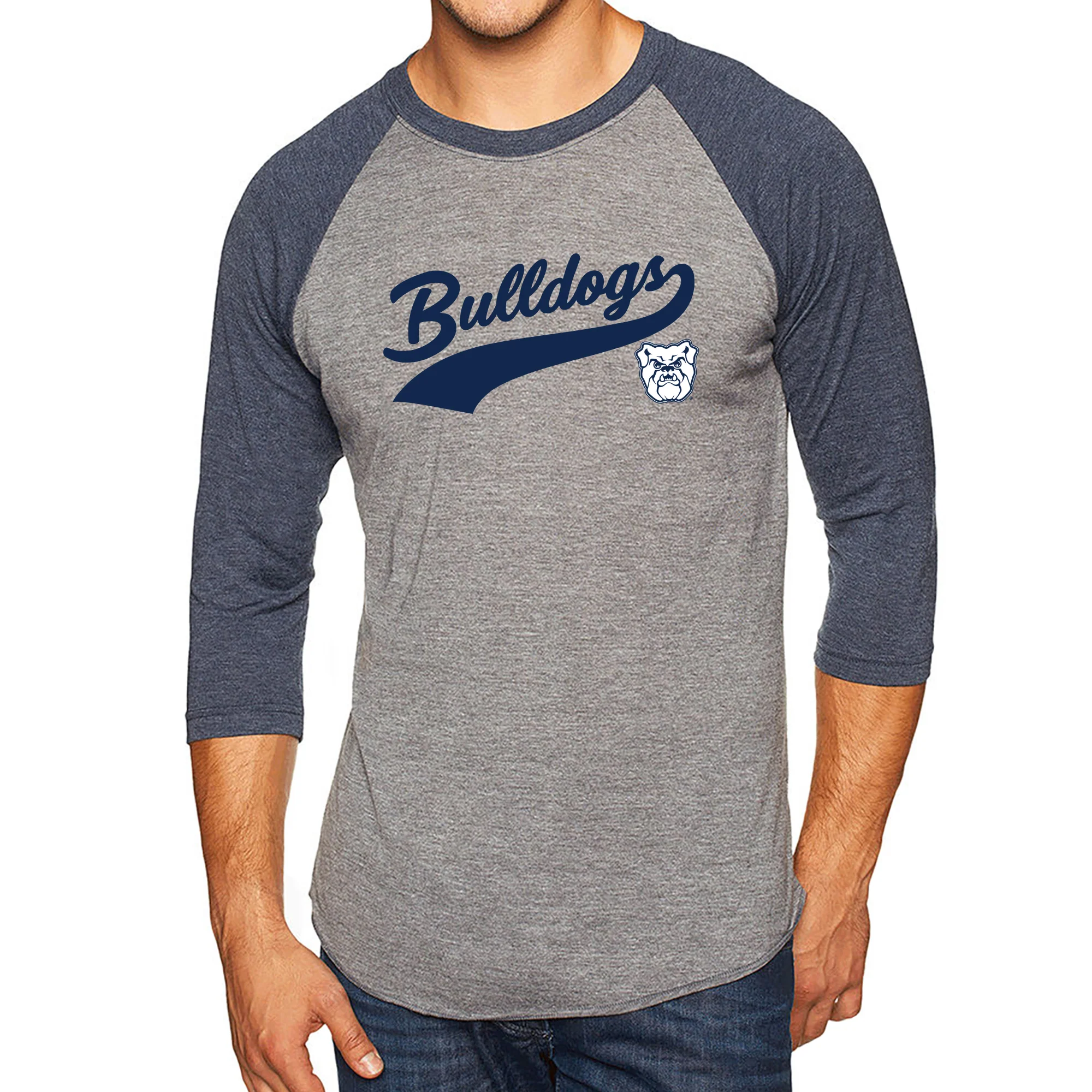 Butler University Bulldogs Baseball Jersey Script Raglan - Premium Heather/Vintage Navy - Image 4