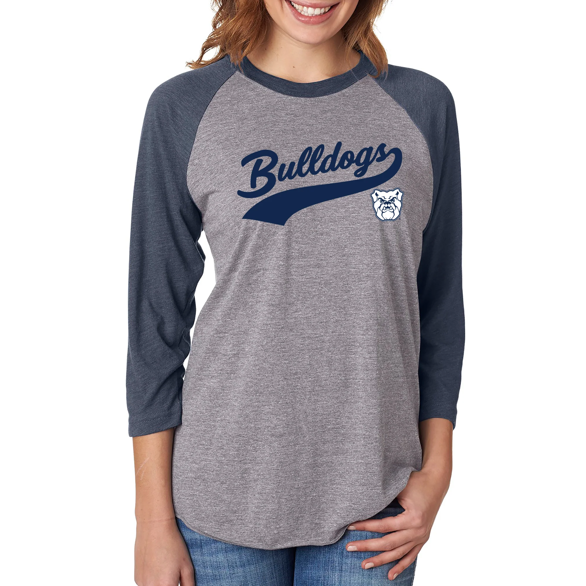 Butler University Bulldogs Baseball Jersey Script Raglan - Premium Heather/Vintage Navy - Image 5