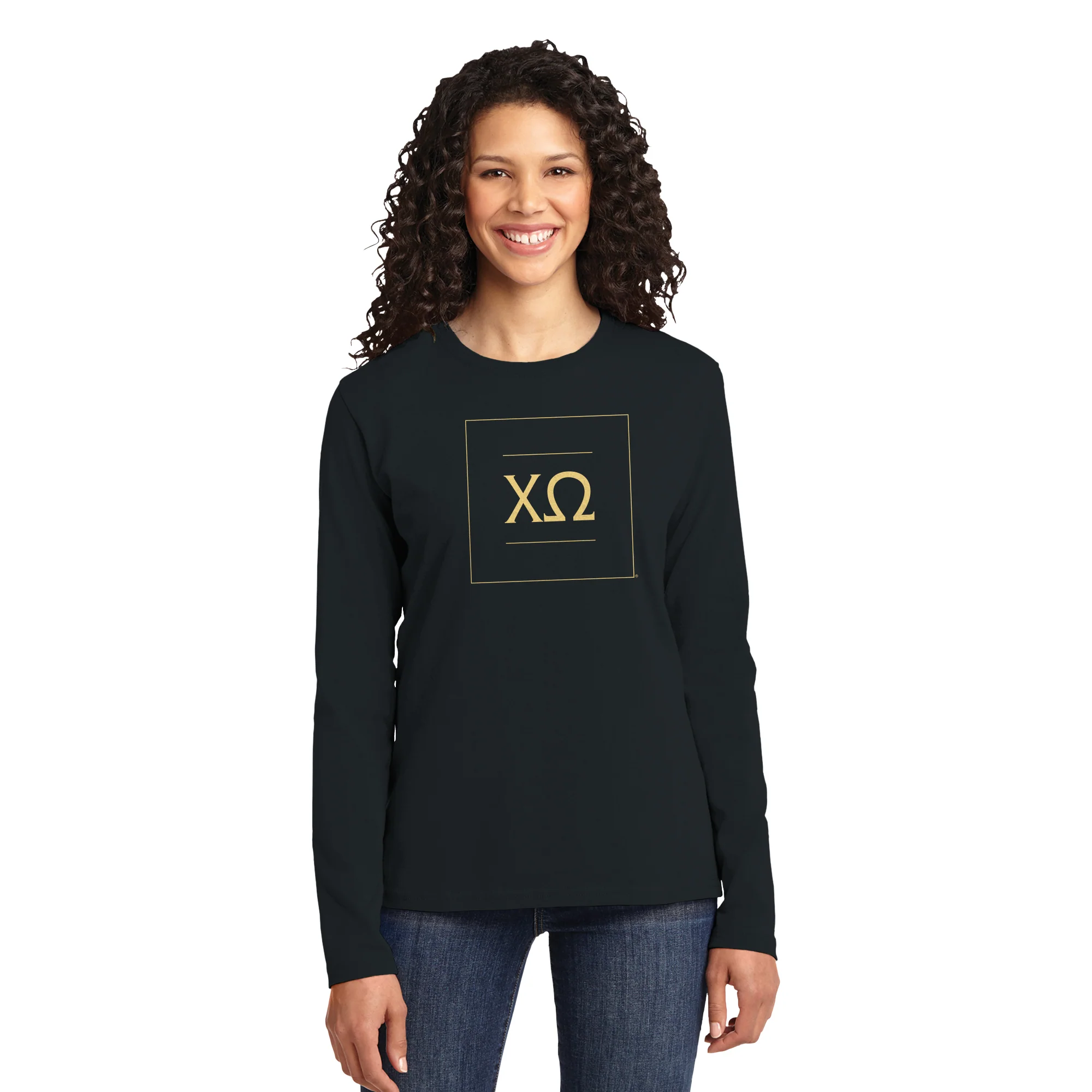 Chi Omega Greek Letter Block Womens Long Sleeve - Black - Image 4