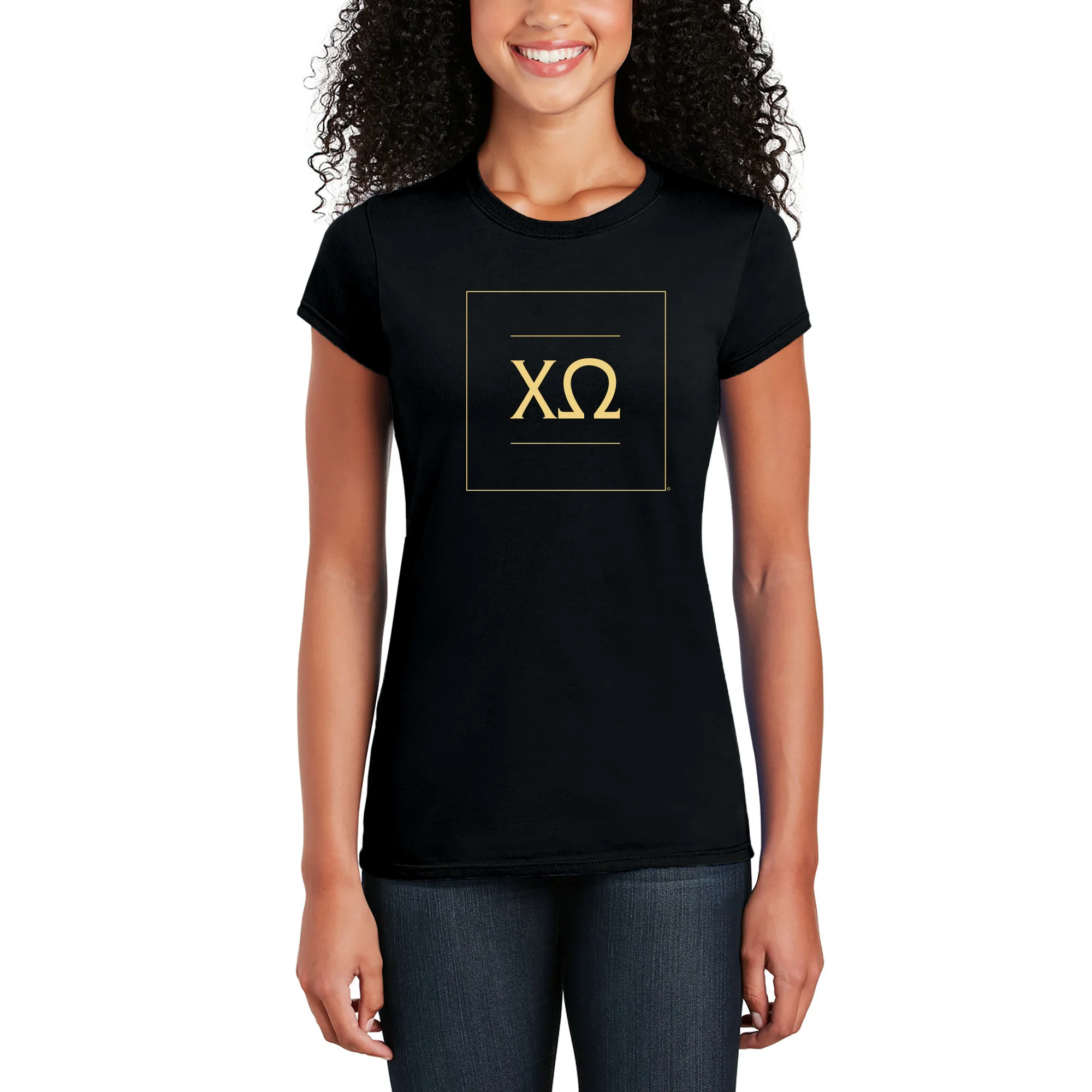 Chi Omega Greek Letter Block Womens T-Shirt - Black - Image 3