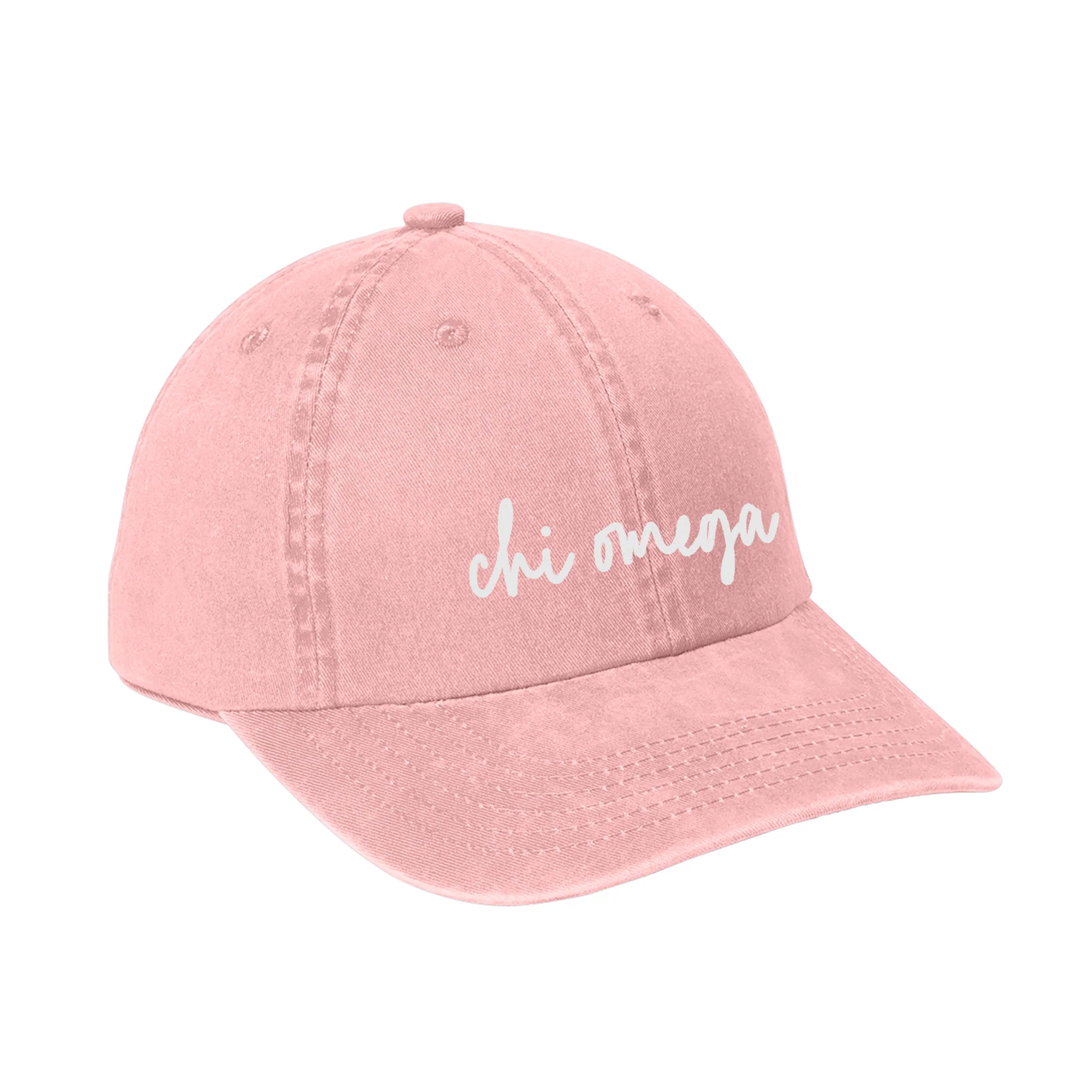 Chi Omega Greek Script Ladies Garment Washed Hat - Light Pink - Image 3