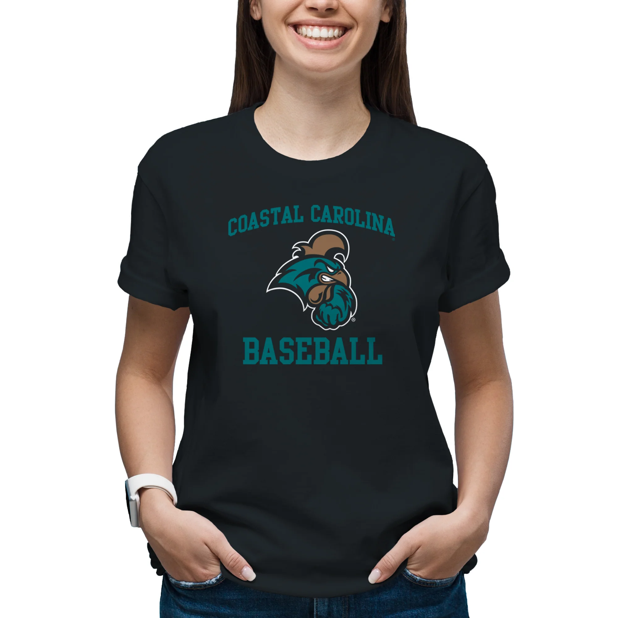 Coastal Carolina University Chanticleers Arch Logo Baseball T-Shirt - Black - Image 4