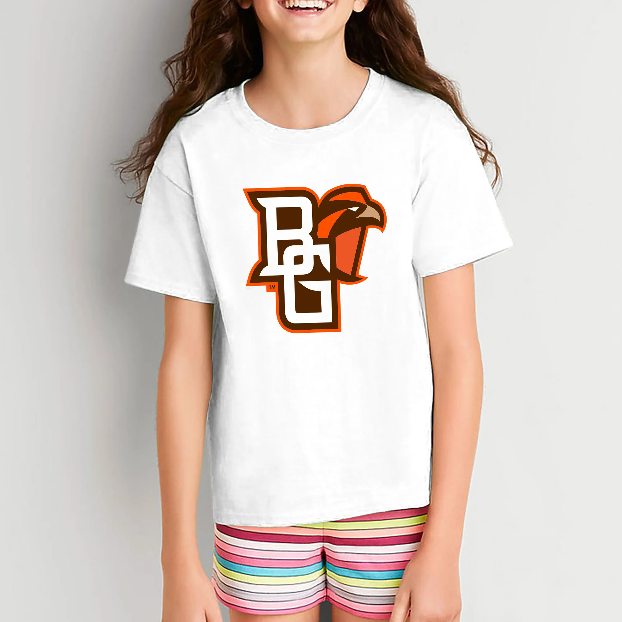 Bowling Green State University Falcons Primary Logo Youth Cotton Short Sleeve T Shirt - White - Image 5