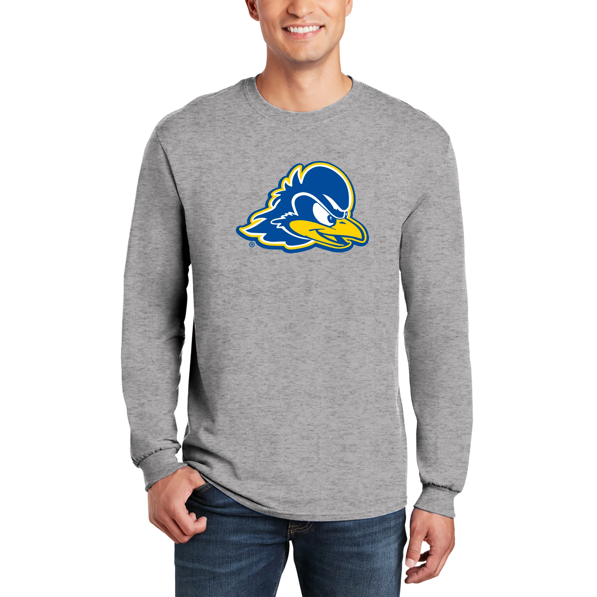 Delaware Blue Hens Primary Logo Long Sleeve T Shirt - Sport Grey - Image 3