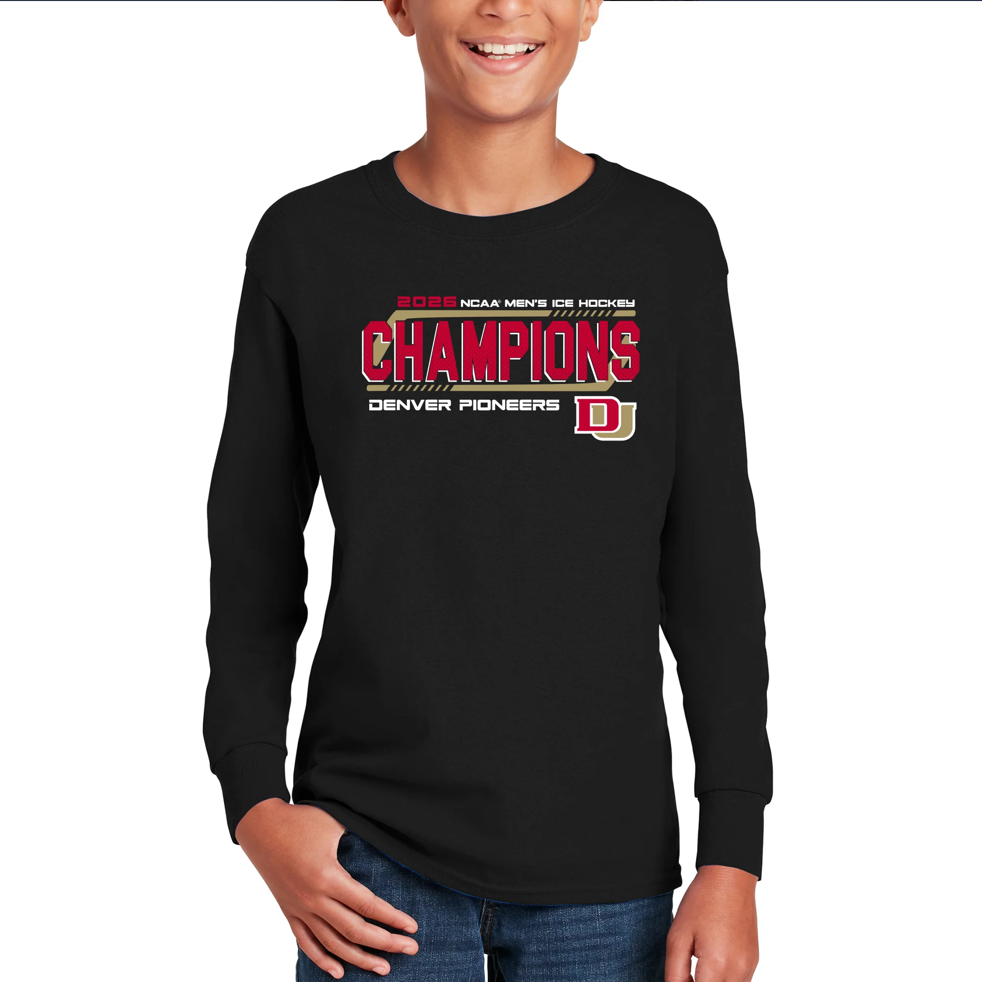 Denver 2026 Hockey National Champions Hockey Frame Youth Long Sleeve - Black - Image 3