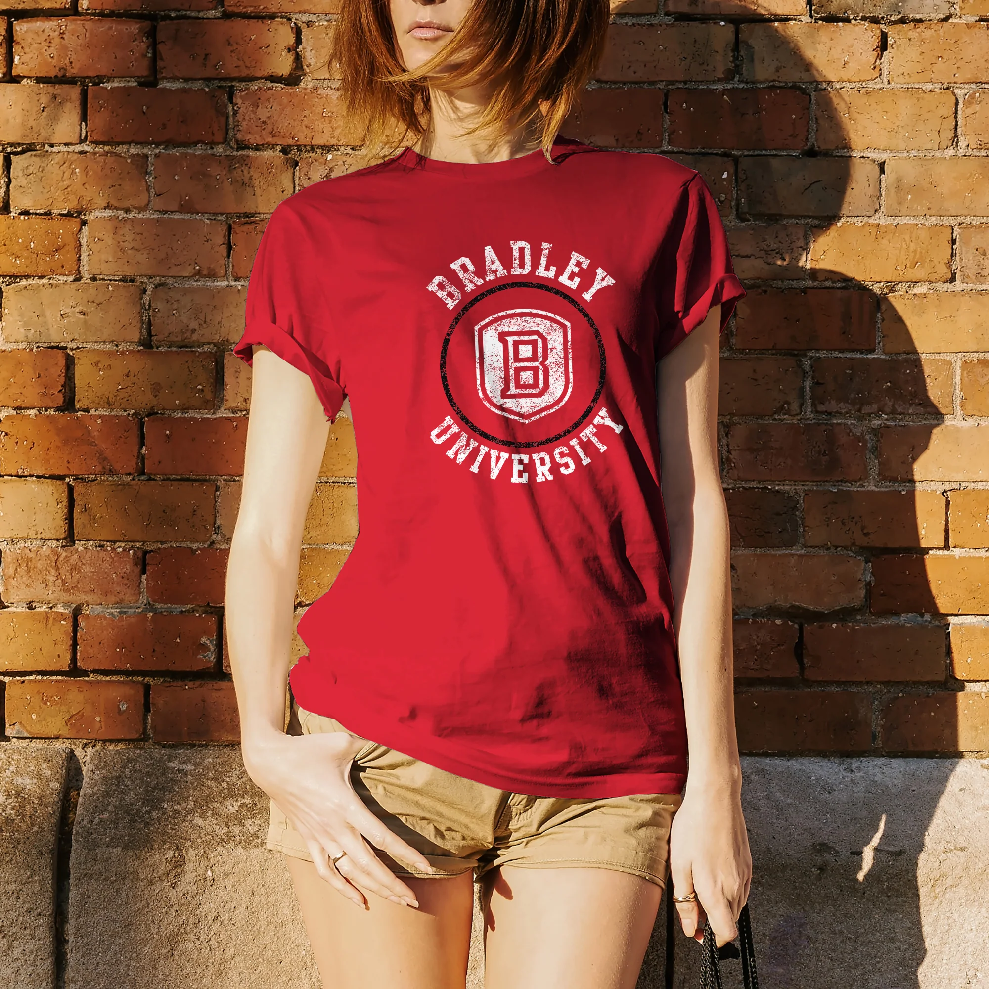 Bradley University Braves Distressed Circle Logo Basic Cotton Short Sleeve T Shirt - Red - Image 3