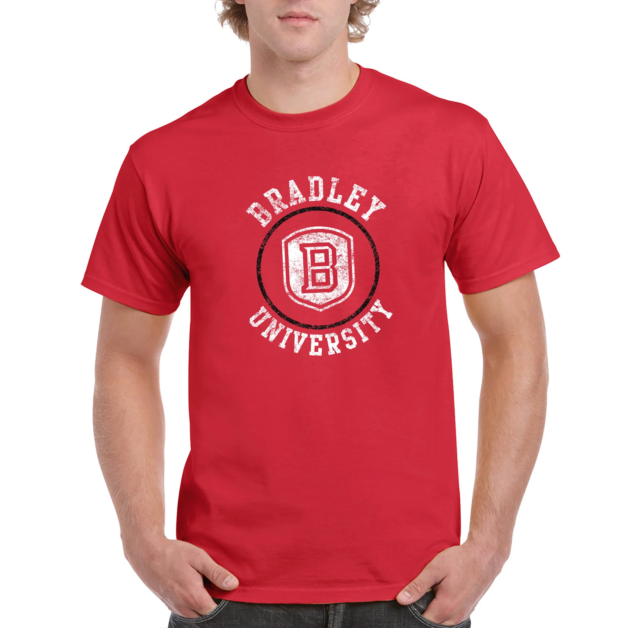 Bradley University Braves Distressed Circle Logo Basic Cotton Short Sleeve T Shirt - Red - Image 4