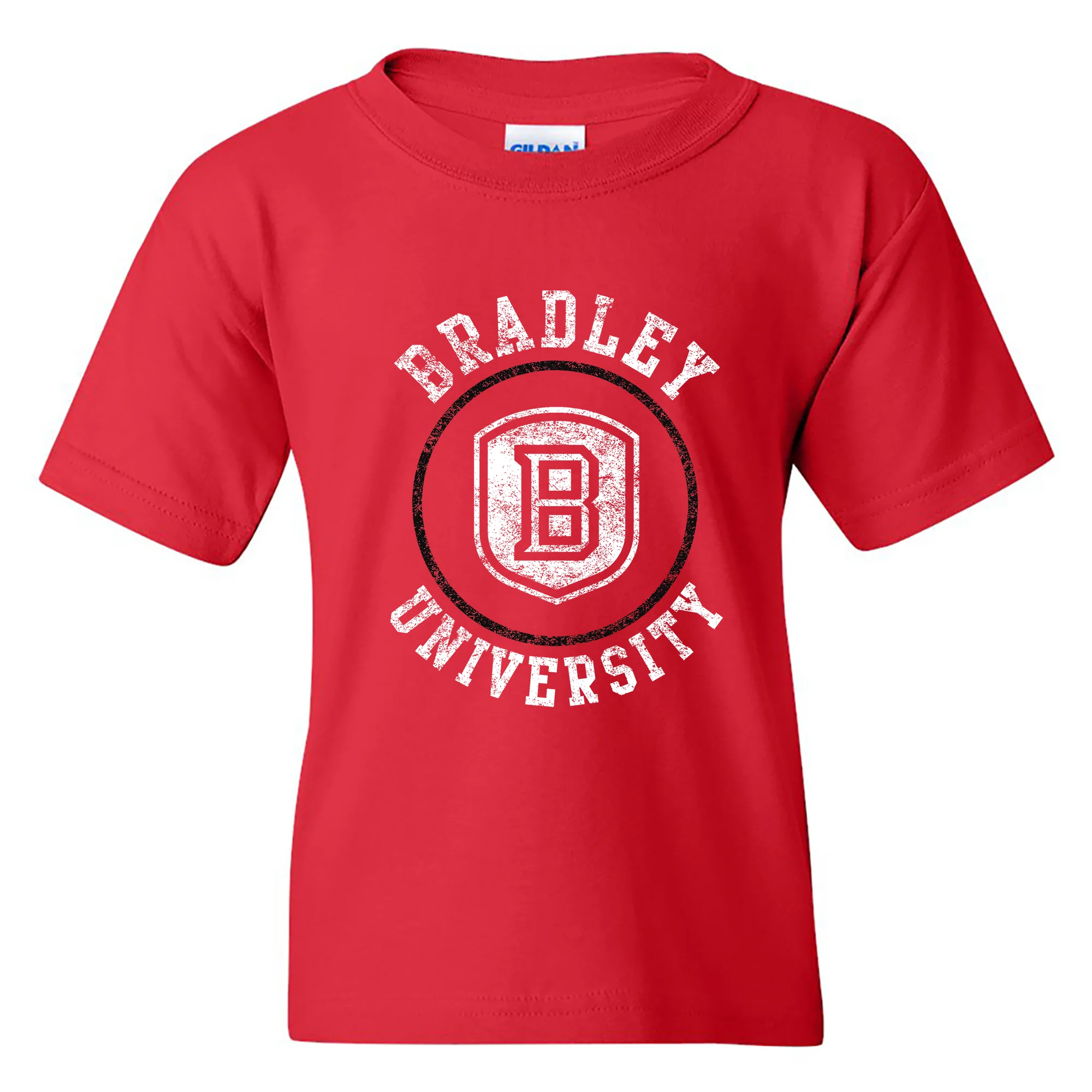 Bradley University Braves Distressed Circle Logo Basic Cotton Short Sleeve Youth T Shirt - Red