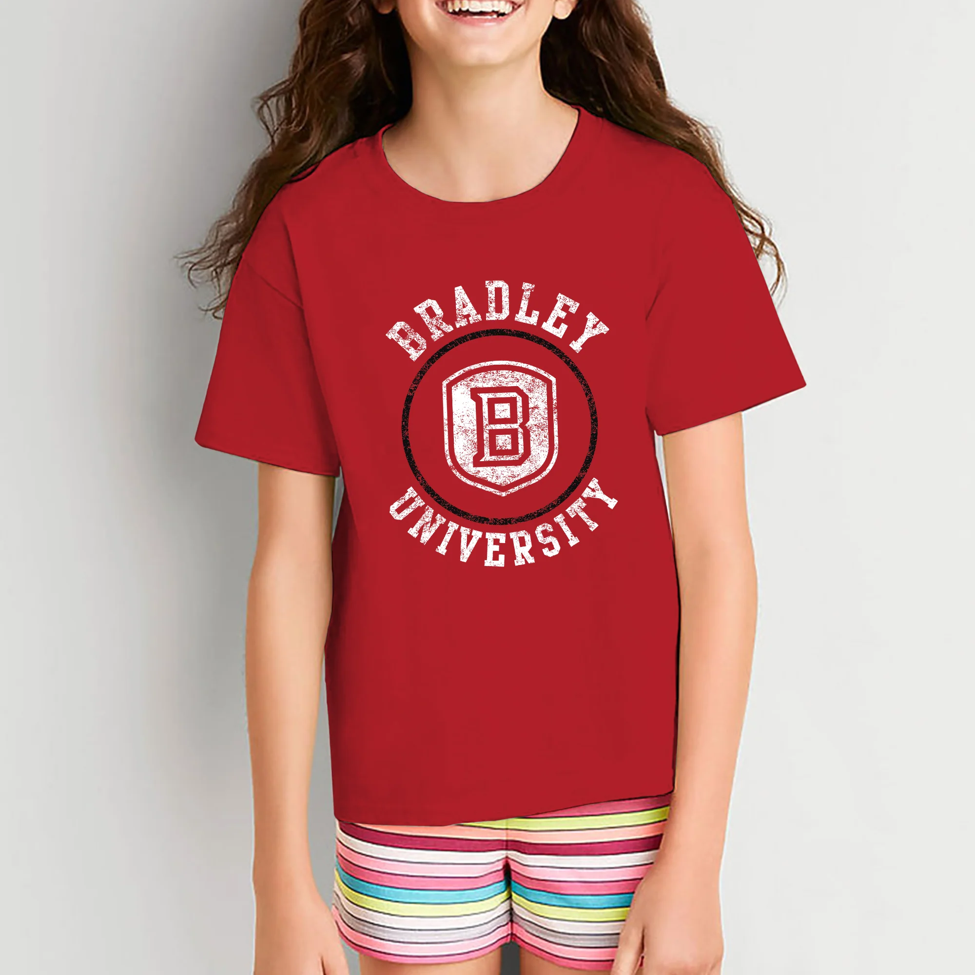 Bradley University Braves Distressed Circle Logo Basic Cotton Short Sleeve Youth T Shirt - Red - Image 3