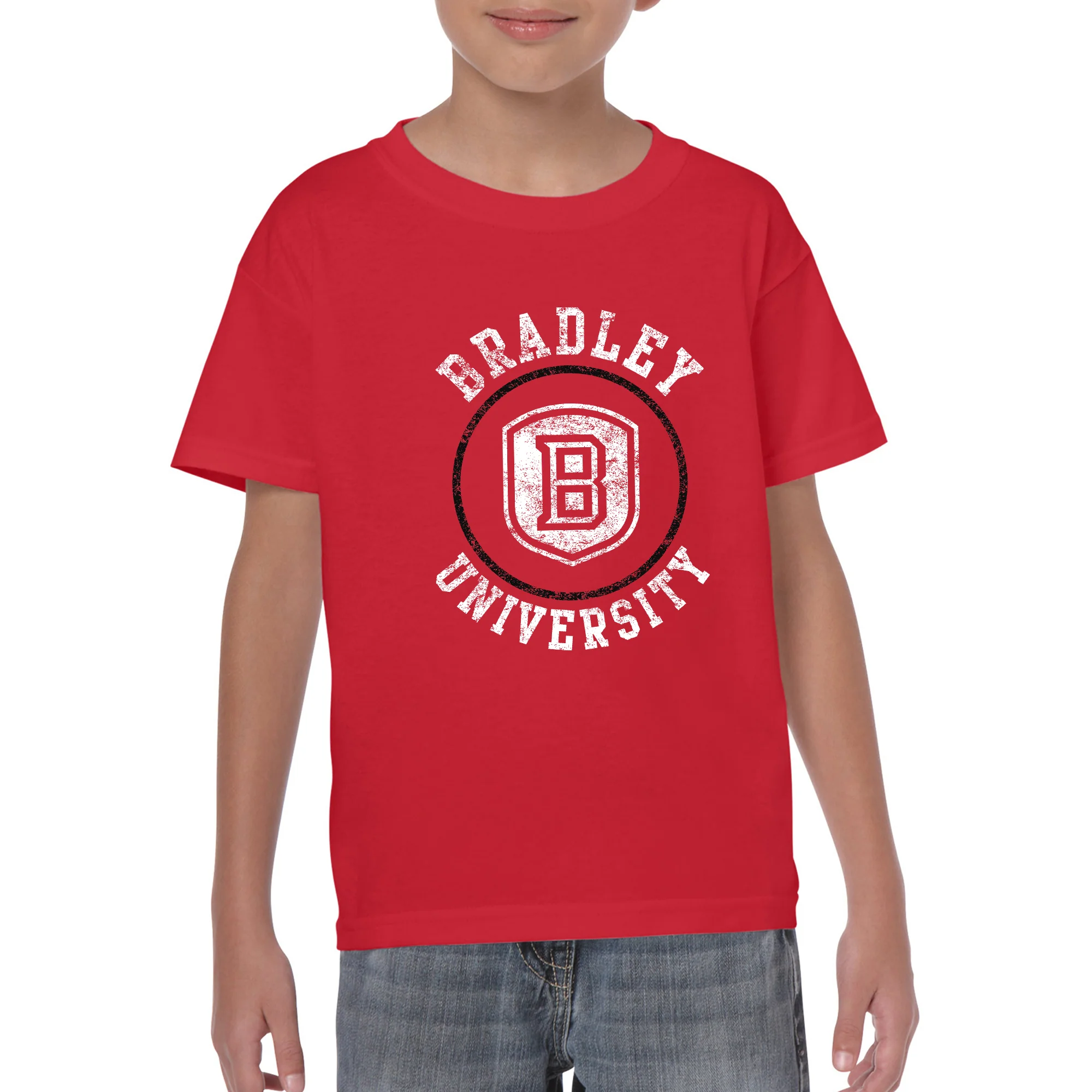 Bradley University Braves Distressed Circle Logo Basic Cotton Short Sleeve Youth T Shirt - Red - Image 4