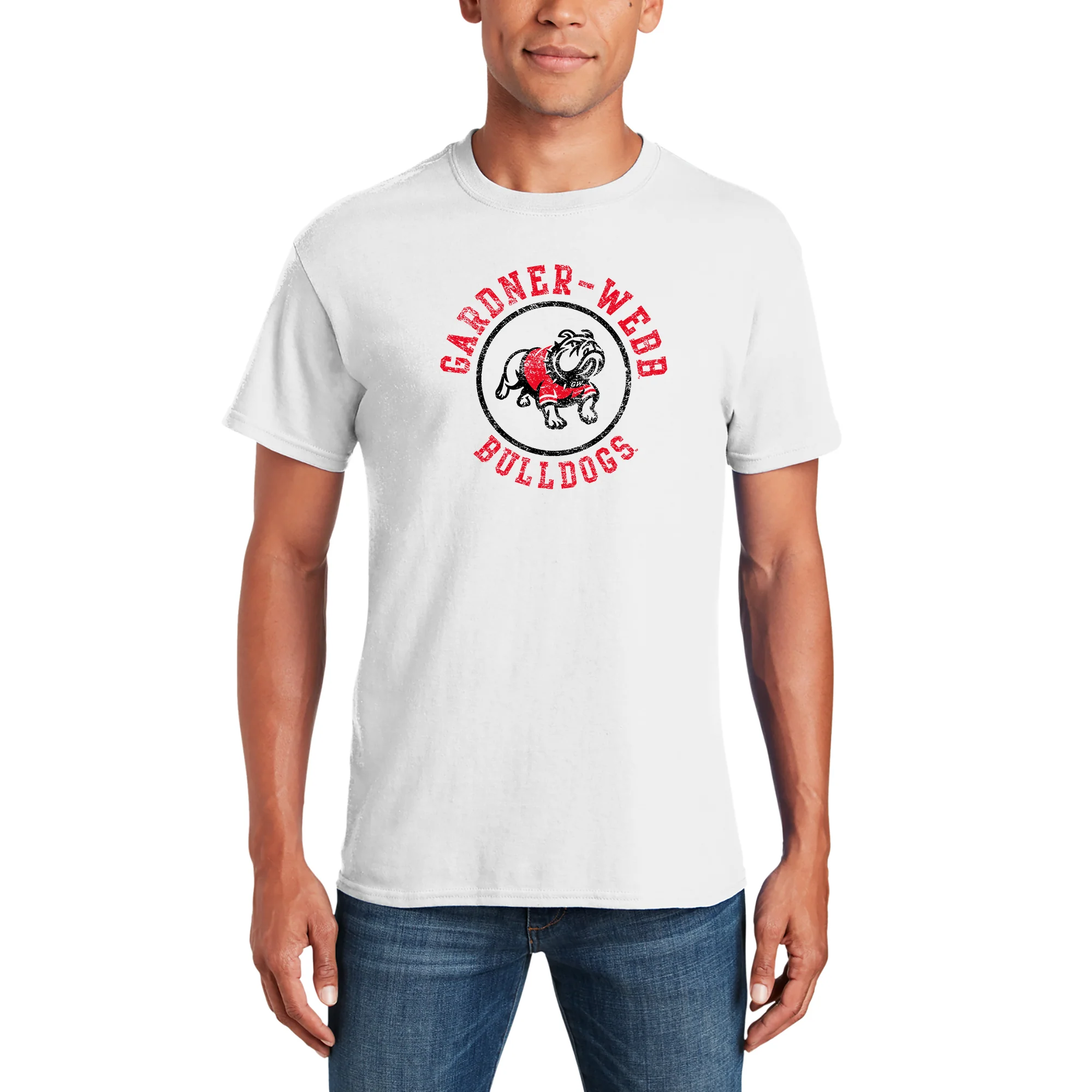 Gardner-Webb University Bulldogs Distressed Circle Logo Basic Cotton Short Sleeve T Shirt - White - Image 3