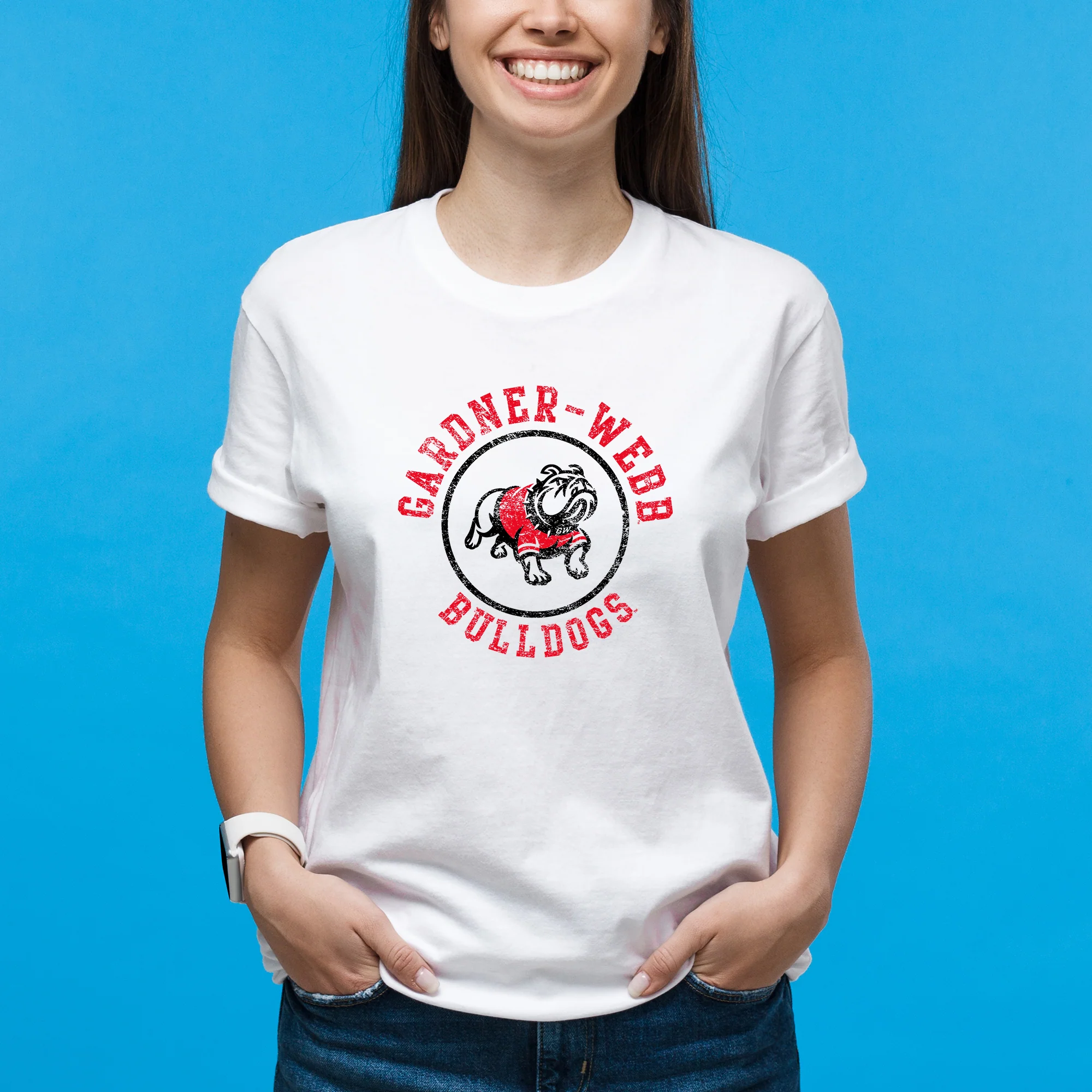 Gardner-Webb University Bulldogs Distressed Circle Logo Basic Cotton Short Sleeve T Shirt - White - Image 4