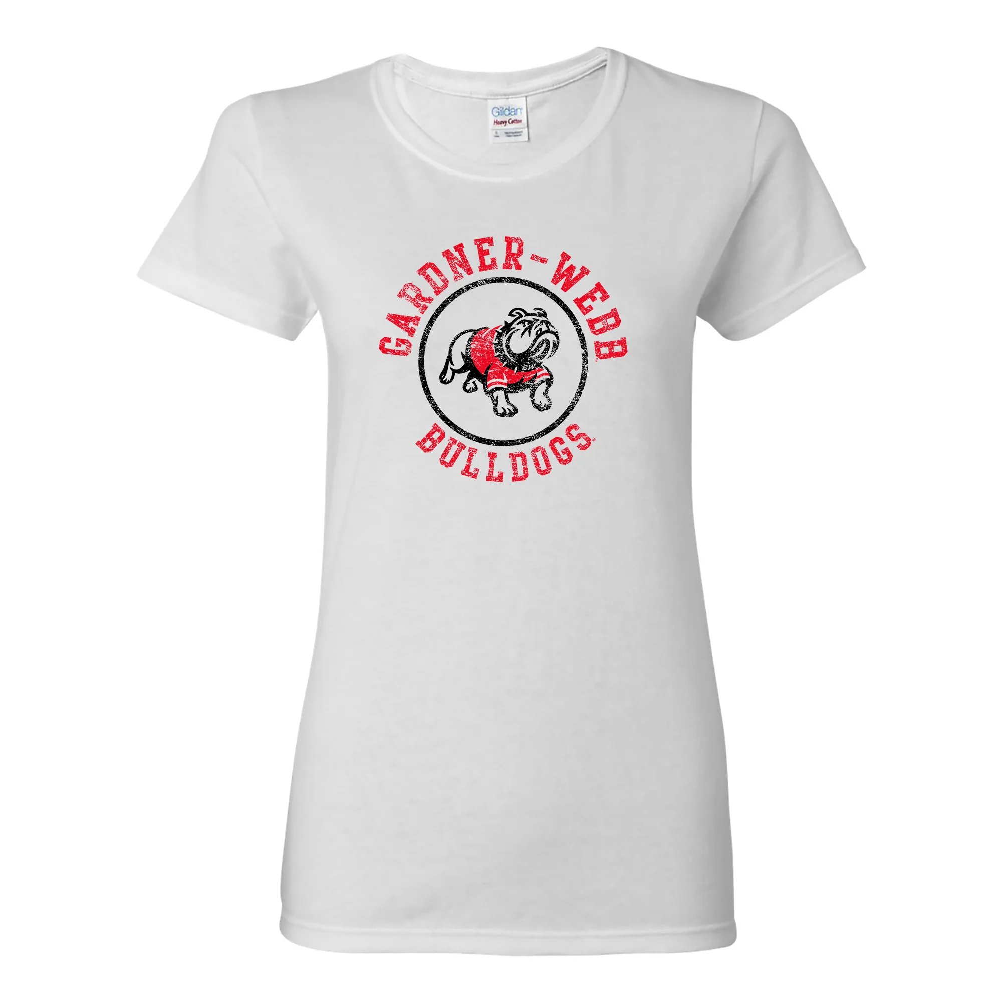 Gardner-Webb University Bulldogs Distressed Circle Logo Basic Cotton Short Sleeve Womens T Shirt - White