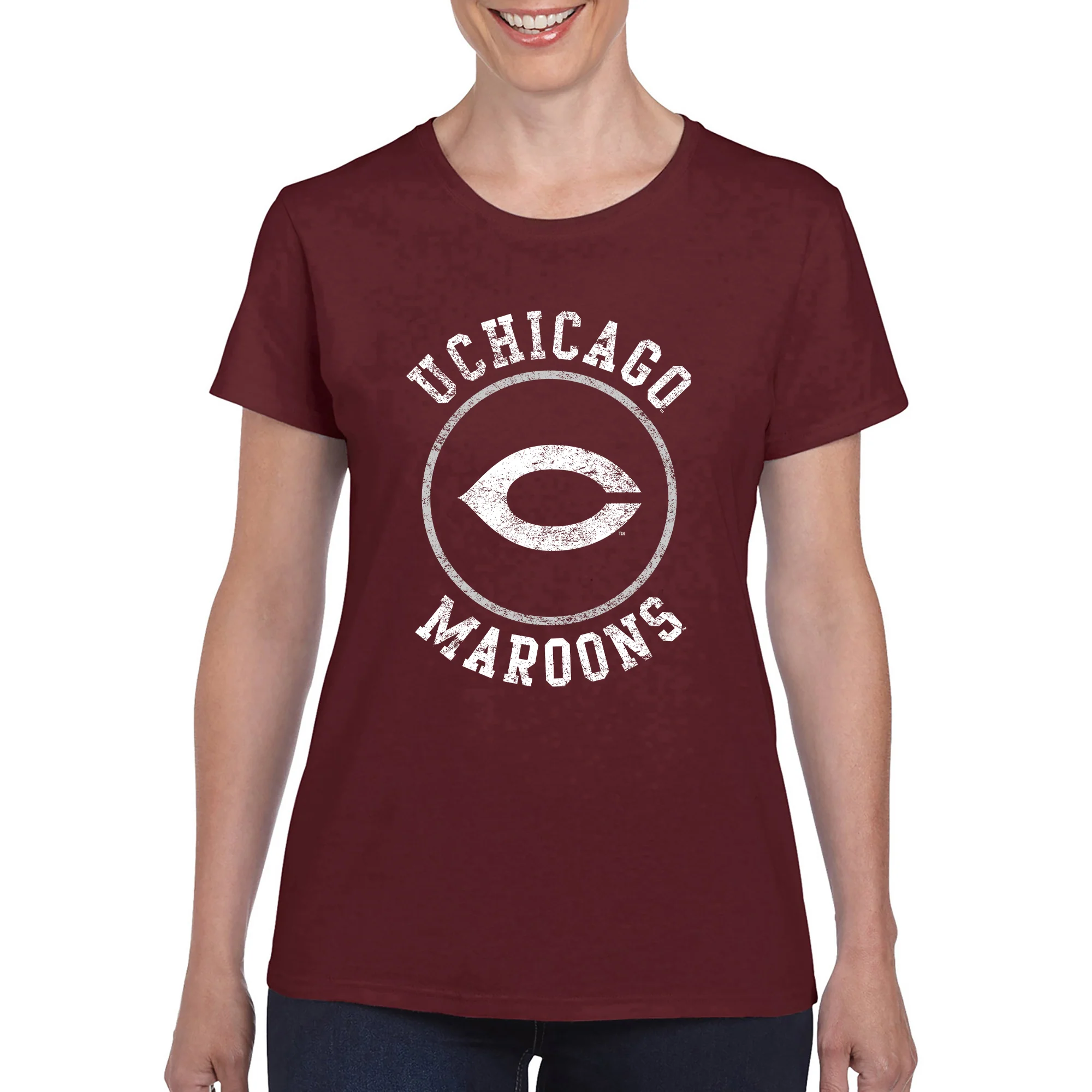 University of Chicago Maroons Distressed Circle Logo Basic Cotton Women's T Shirt - Maroon - Image 3
