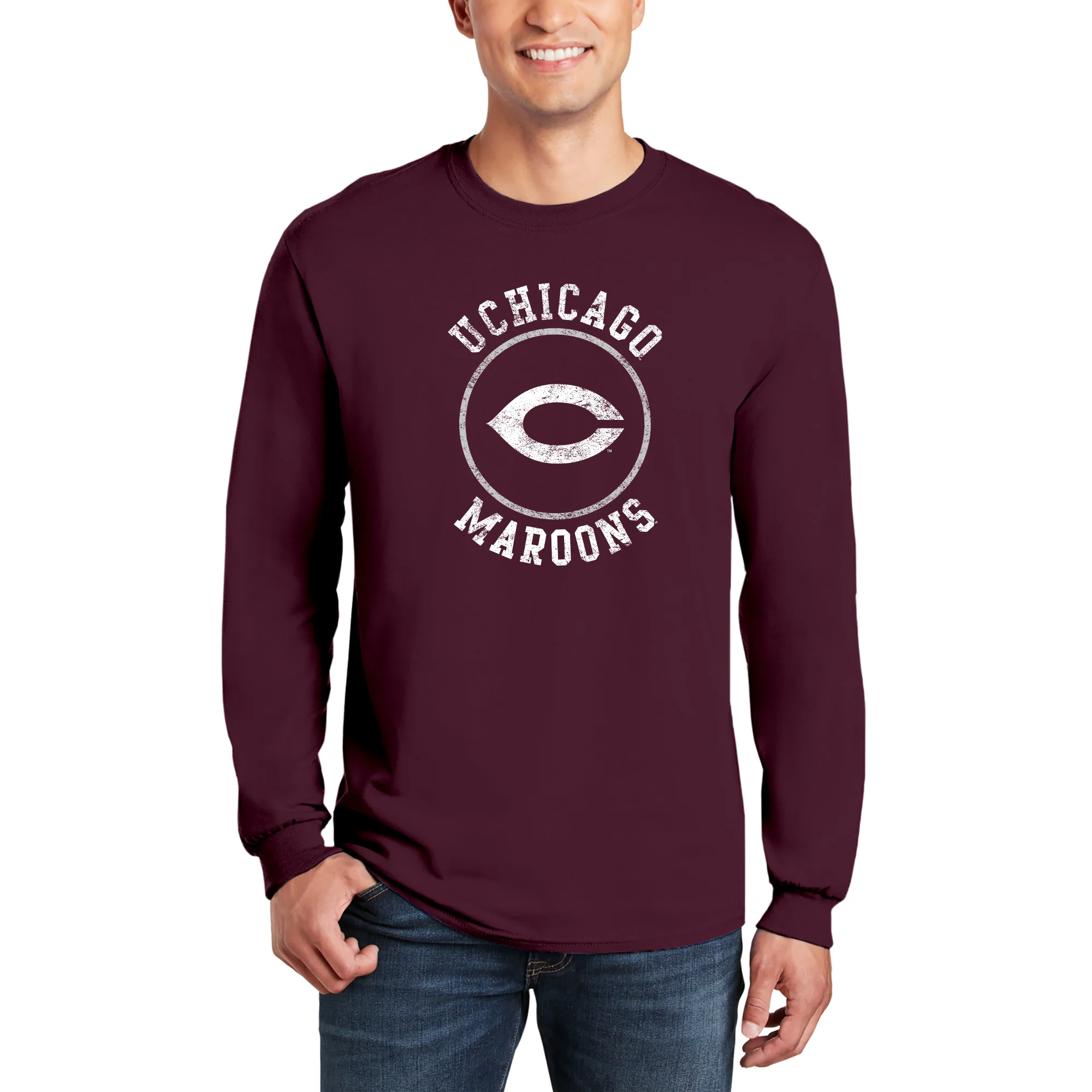 University of Chicago Maroons Distressed Circle Logo Heavy Cotton Long Sleeve T Shirt - Maroon - Image 3