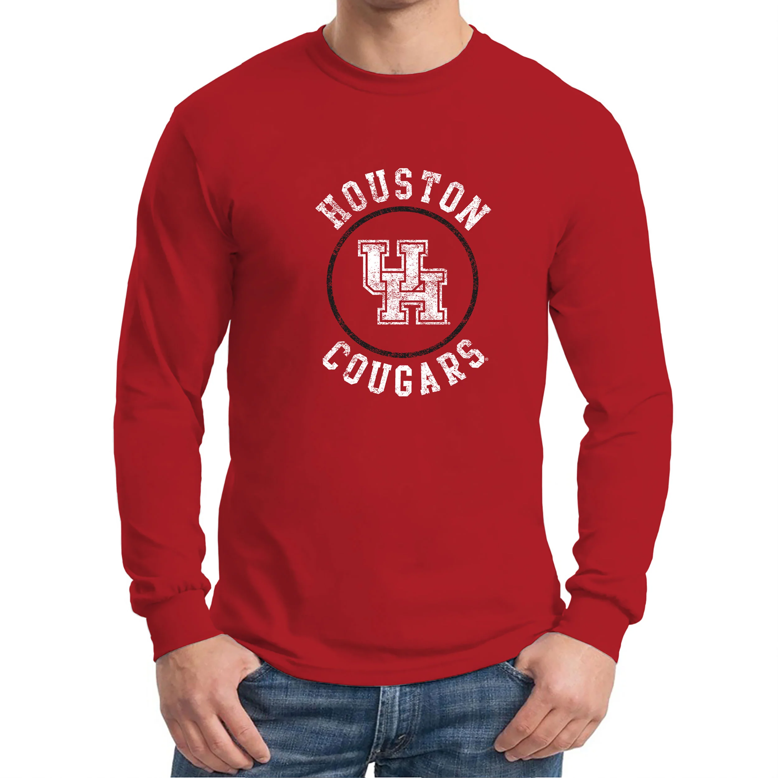 University of Houston Cougars Distressed Circle Logo Heavy Cotton Long Sleeve - Red - Image 4