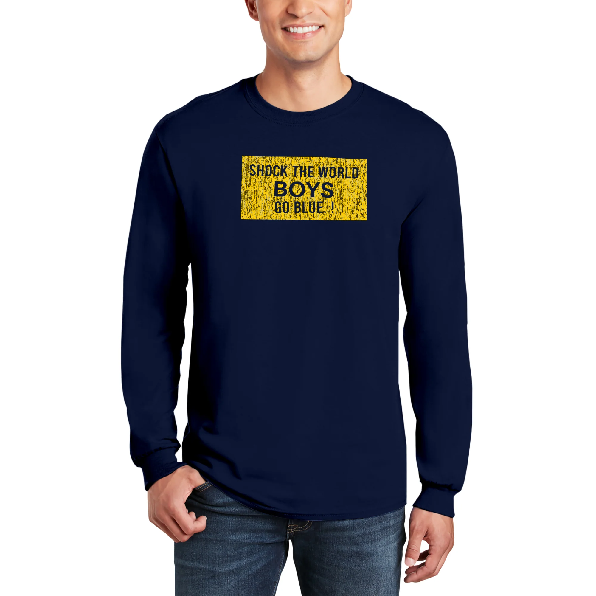 Michigan Wolverines Distressed Shock the World Long Sleeve T-Shirt - Navy - Image 3