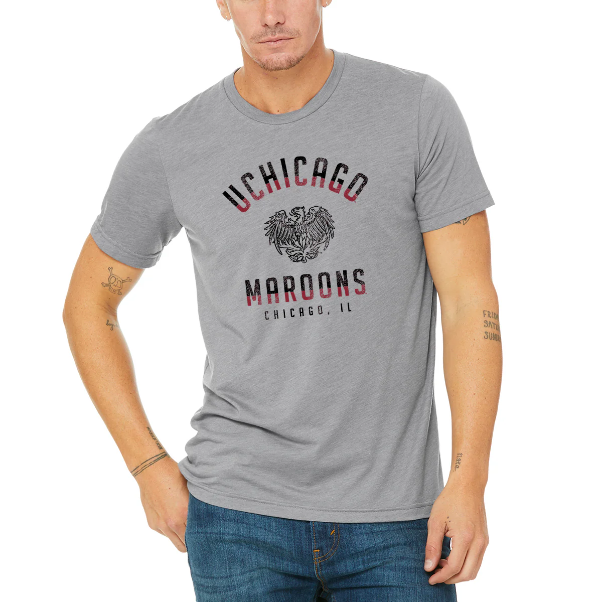 University of Chicago Maroons Division Arch Canvas Triblend Short Sleeve T Shirt - Athletic Grey - Image 3