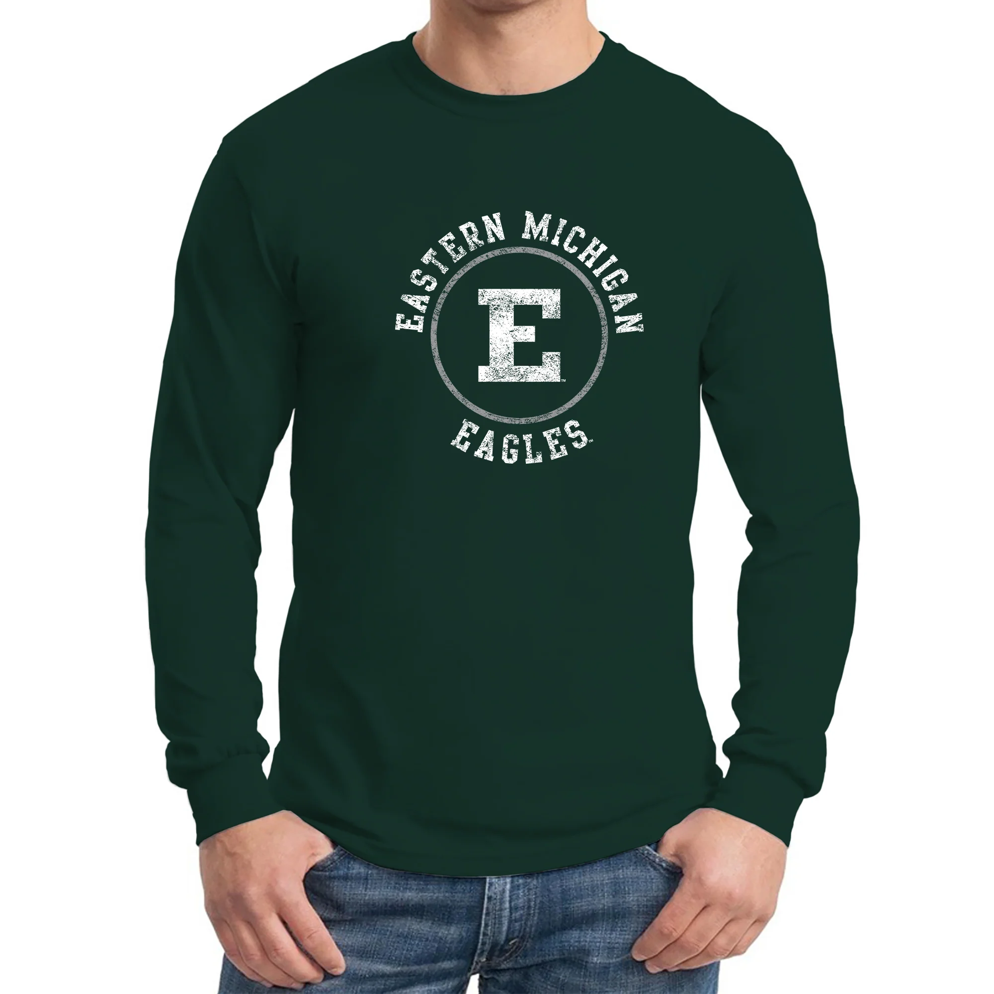 Eastern Michigan University Eagles Distressed Circle Logo Long Sleeve T Shirt - Forest - Image 3