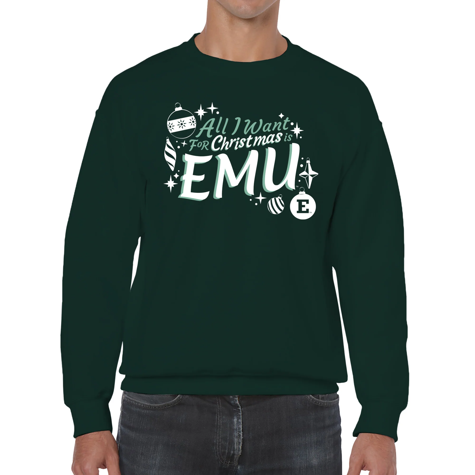 Eastern Michigan Eagles All I Want For Christmas Is EMU Crewneck Sweatshirt - Forest - Image 3