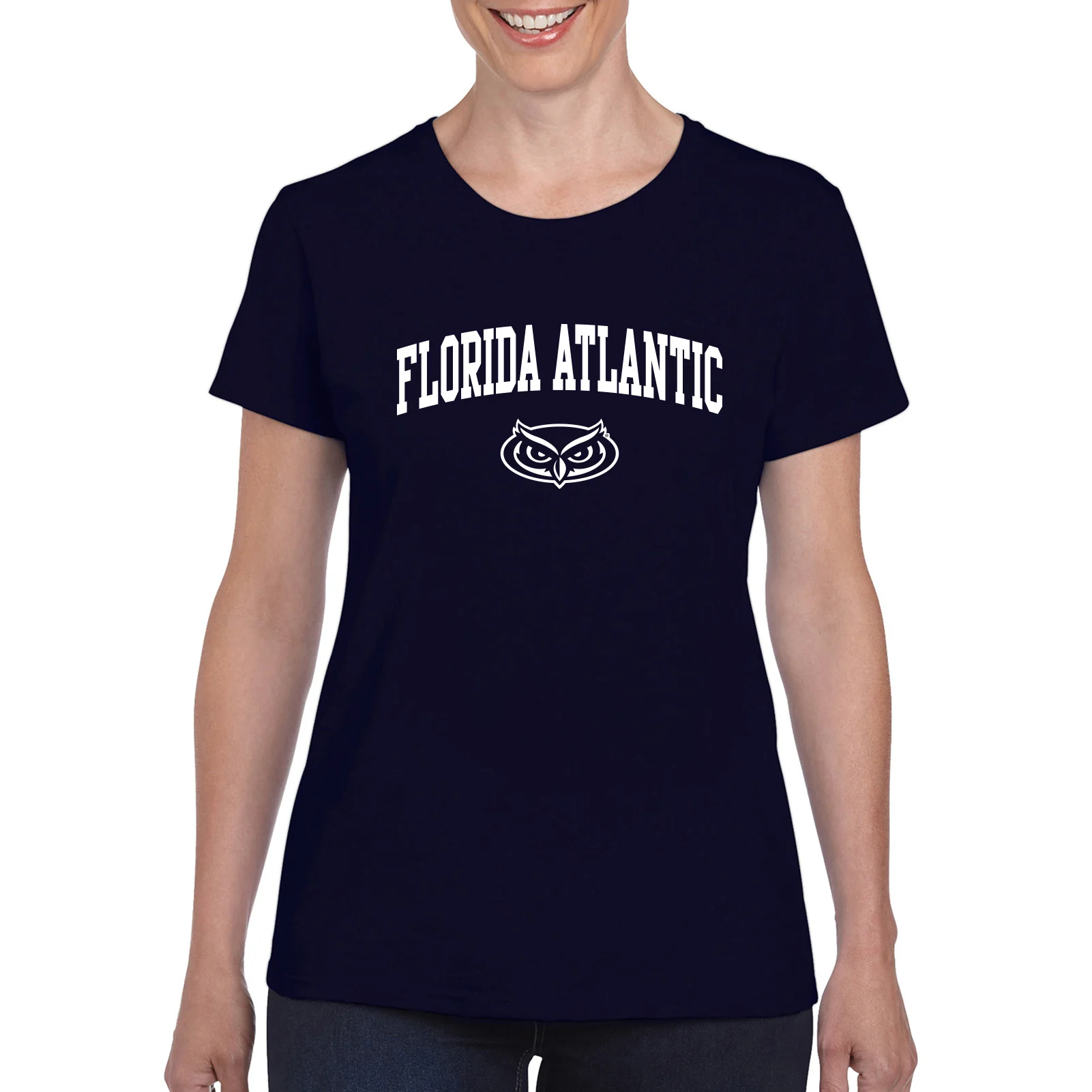 Florida Atlantic University Owls Arch Logo Women's Short Sleeve T Shirt - Navy - Image 3