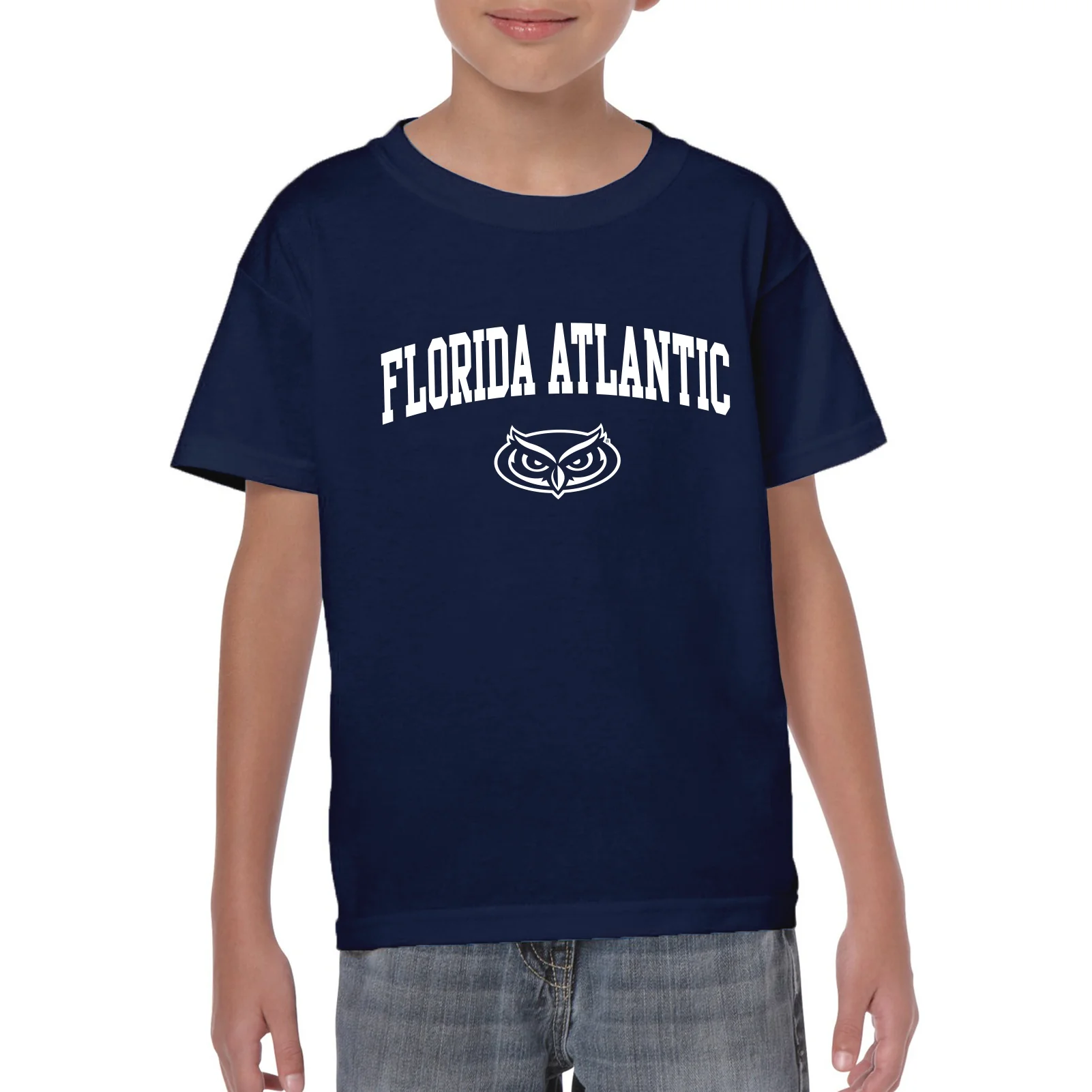Florida Atlantic University Owls Arch Logo Youth Short Sleeve T Shirt - Navy - Image 3