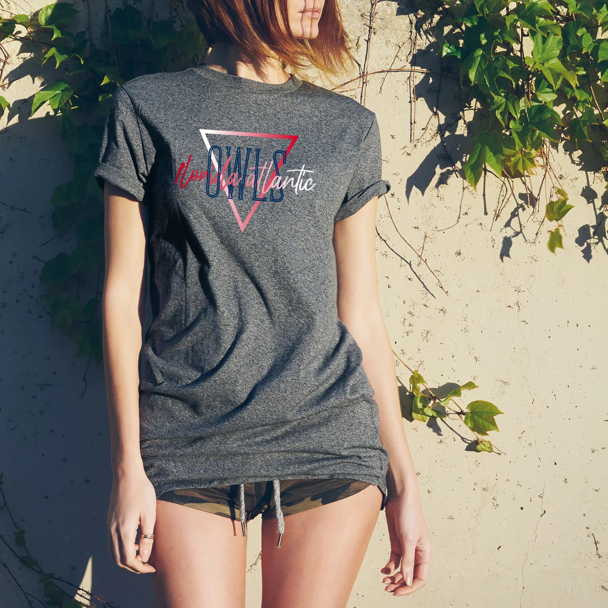 Florida Atlantic University Owls Gradient Triangle Basic Cotton Short Sleeve T Shirt - Graphite Heather - Image 4