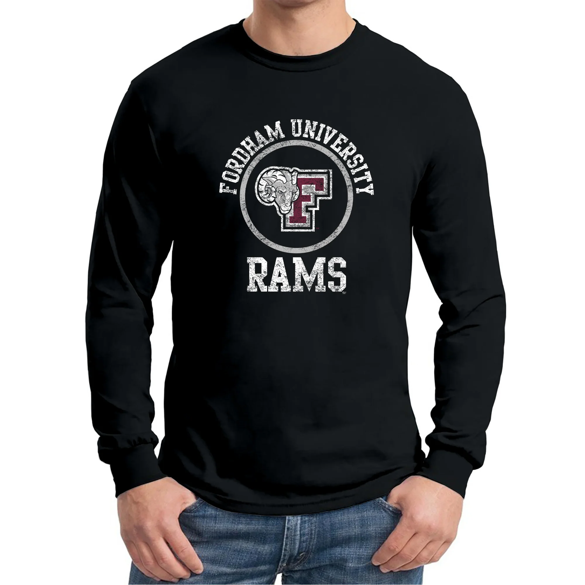 Fordham University Rams Distressed Circle Logo Long Sleeve T-Shirt - Black - Image 3