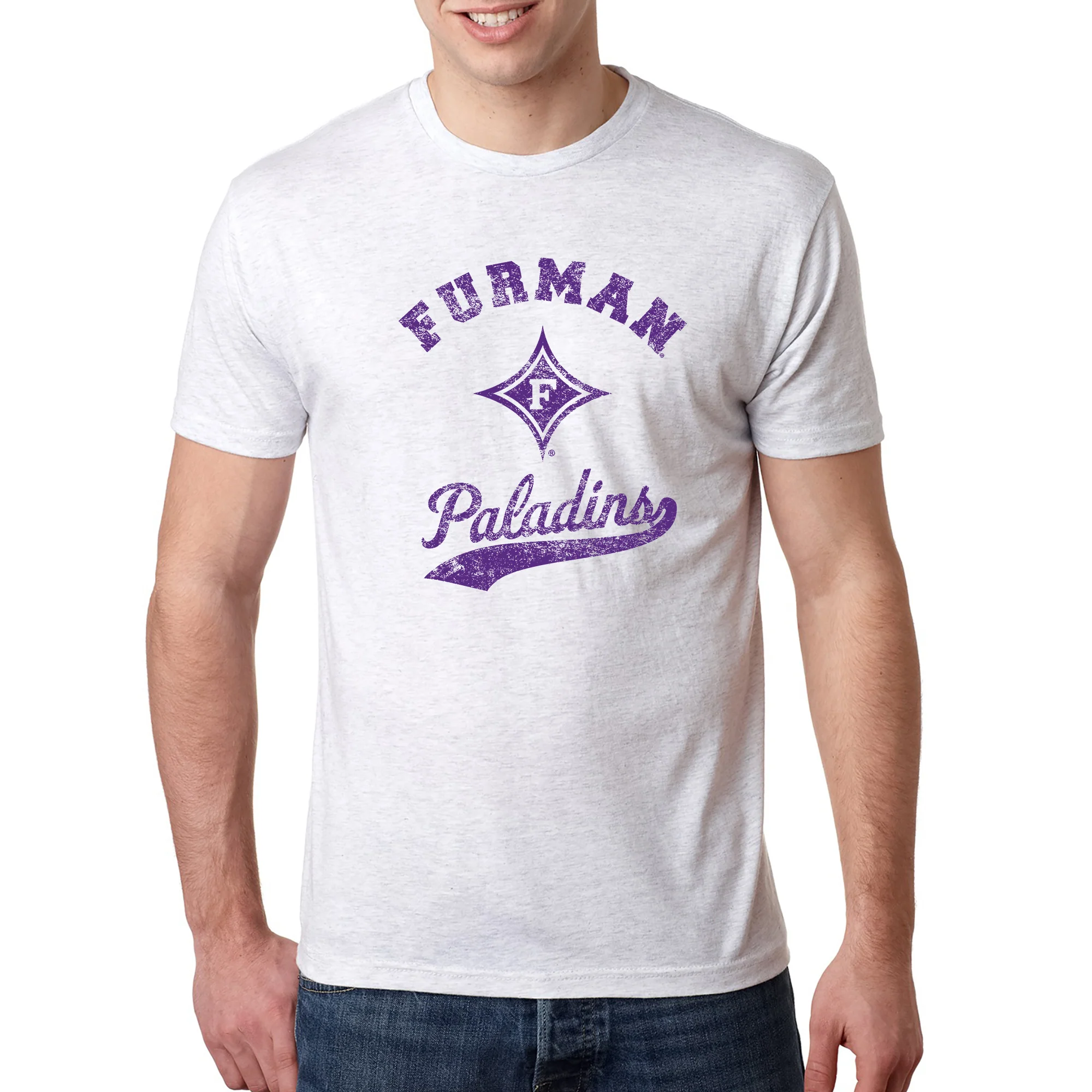 Furman Retro Script Triblend T-Shirt - Heather White - Image 3