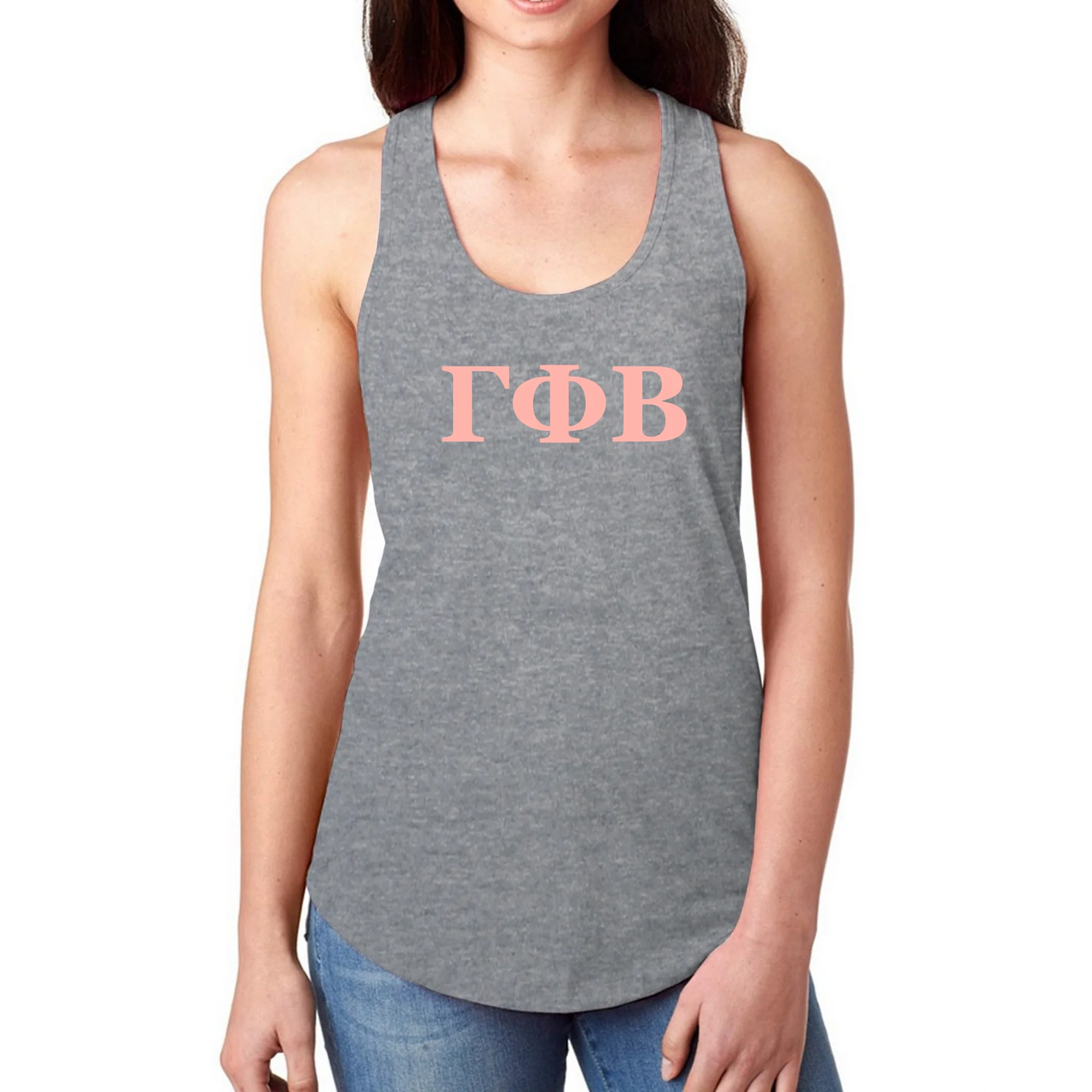 Gamma Phi Beta Greek Letter Block Racerback Tank - Heather Grey - Image 3