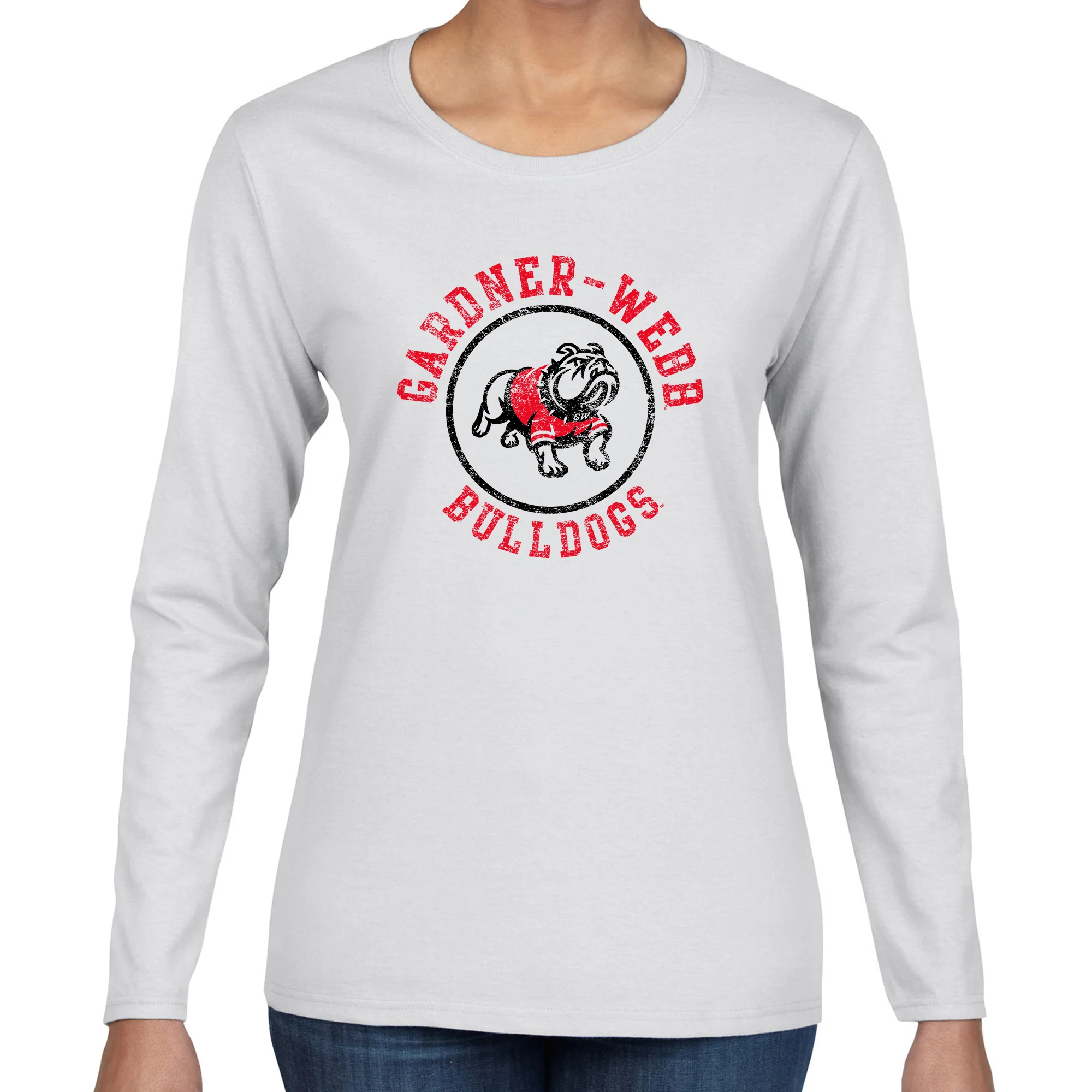 Gardner-Webb Bulldogs Distressed Circle Logo Womens Long Sleeve T Shirt - White - Image 3