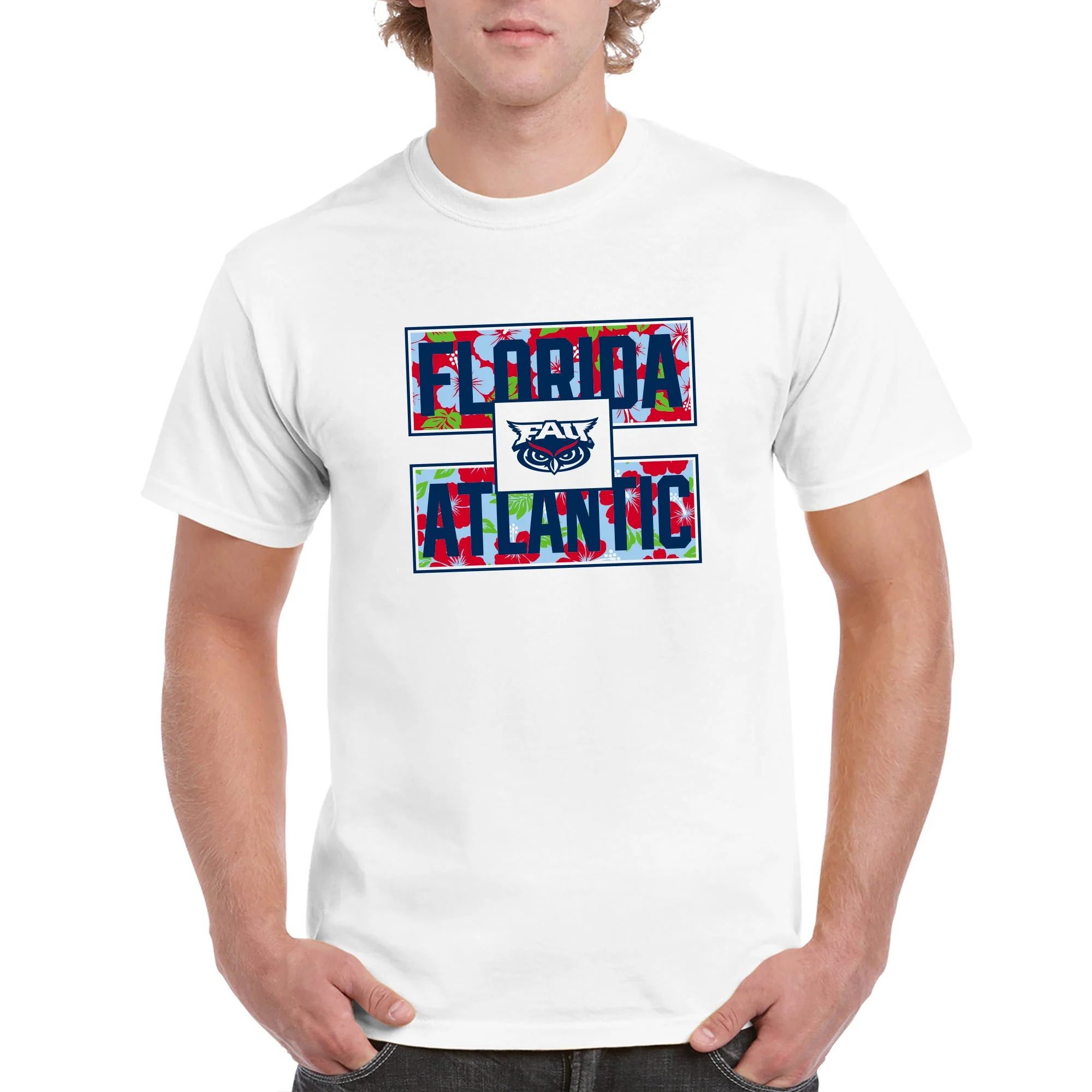 Florida Atlantic University Owls Hibiscus Pattern Blocks Basic Cotton Short Sleeve T Shirt - White - Image 3