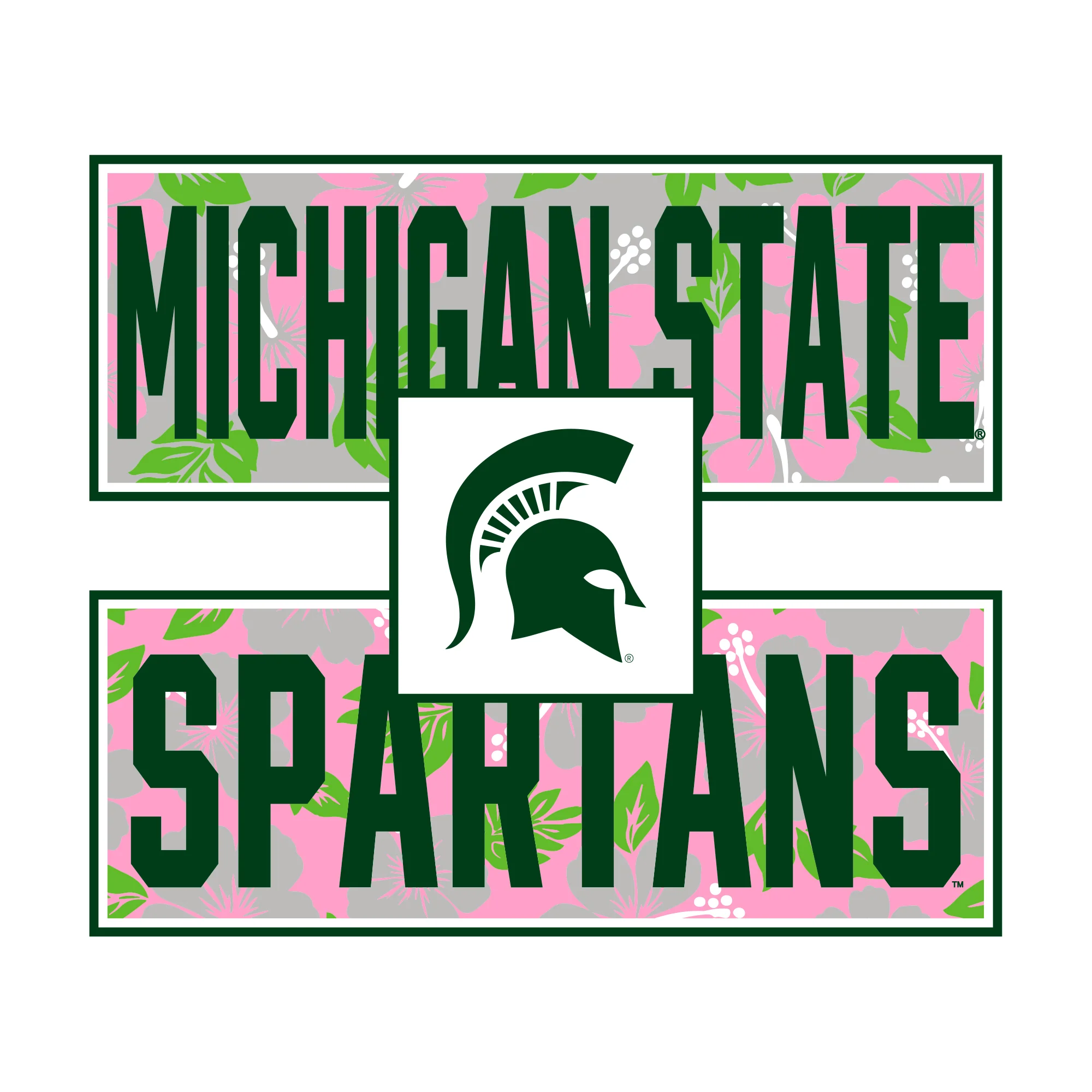 Michigan State University Spartans Hibiscus Pattern Blocks Basic Cotton Short Sleeve T Shirt - White - Image 2