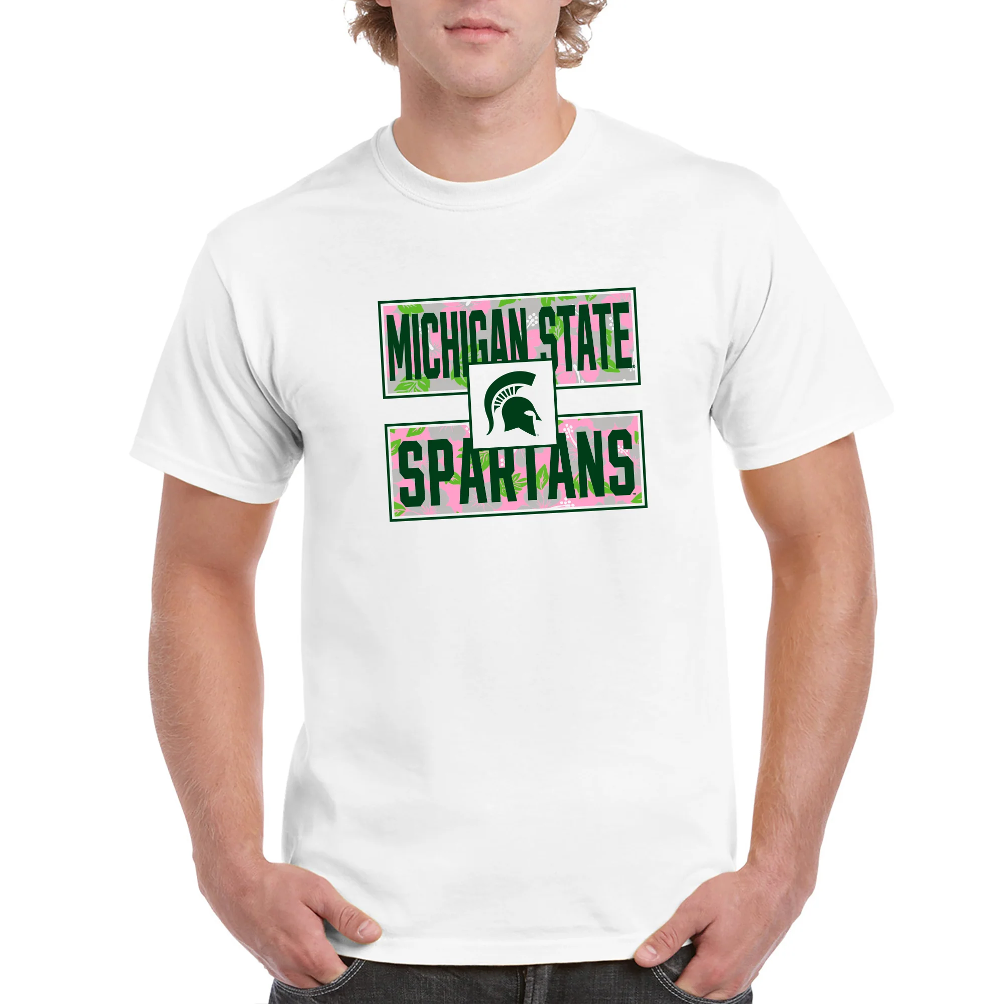 Michigan State University Spartans Hibiscus Pattern Blocks Basic Cotton Short Sleeve T Shirt - White - Image 3