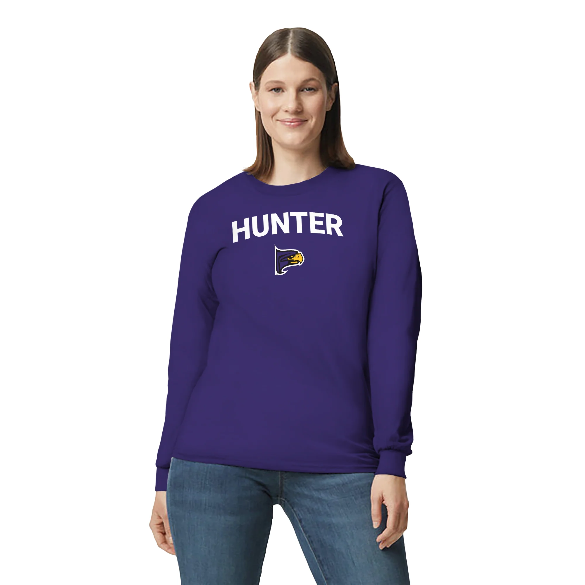Hunter College Hawks Arch Logo Long Sleeve T Shirt - Purple - Image 3