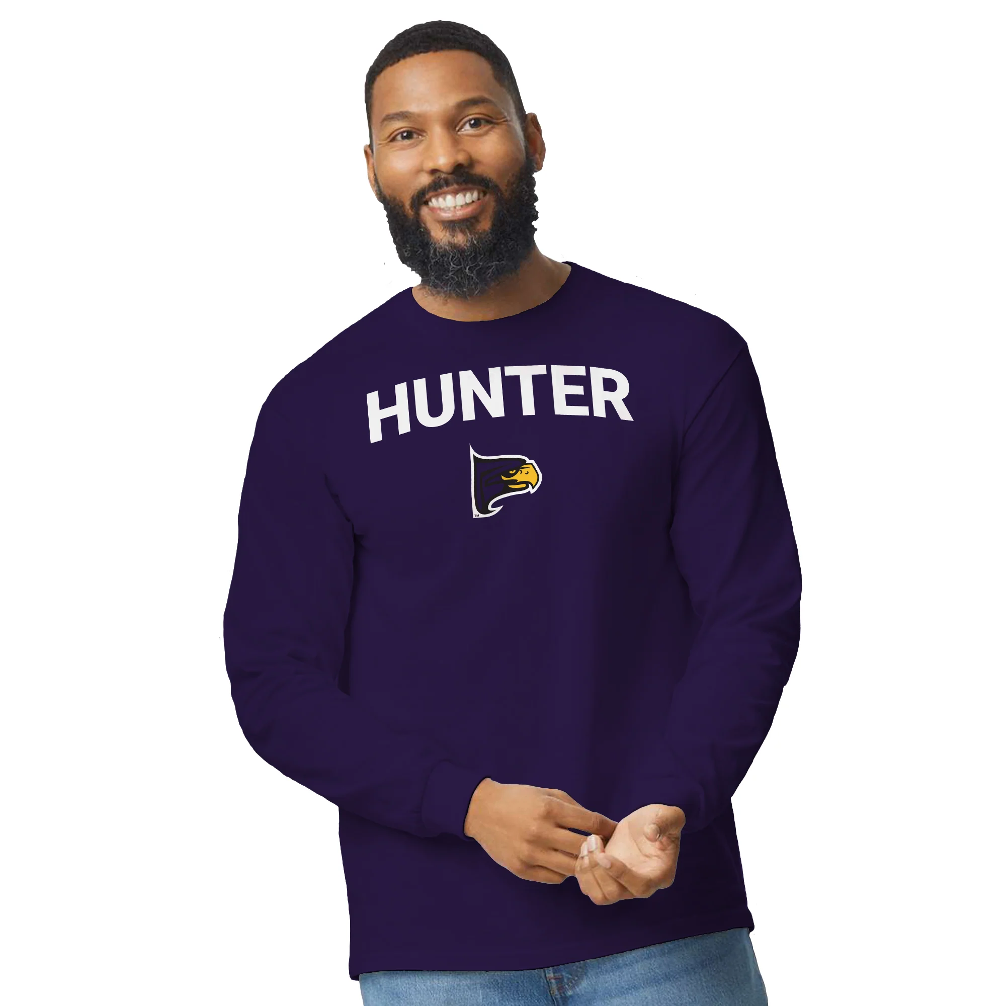 Hunter College Hawks Arch Logo Long Sleeve T Shirt - Purple - Image 4