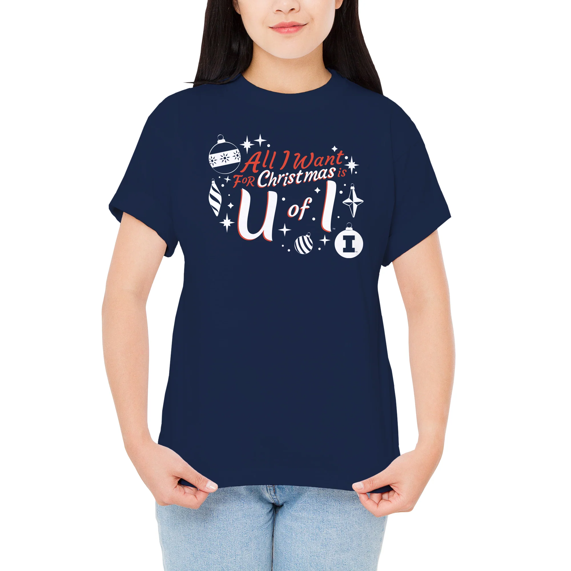 Illinois Fighting Illini All I Want For Christmas Is U of I T Shirt - Navy - Image 4